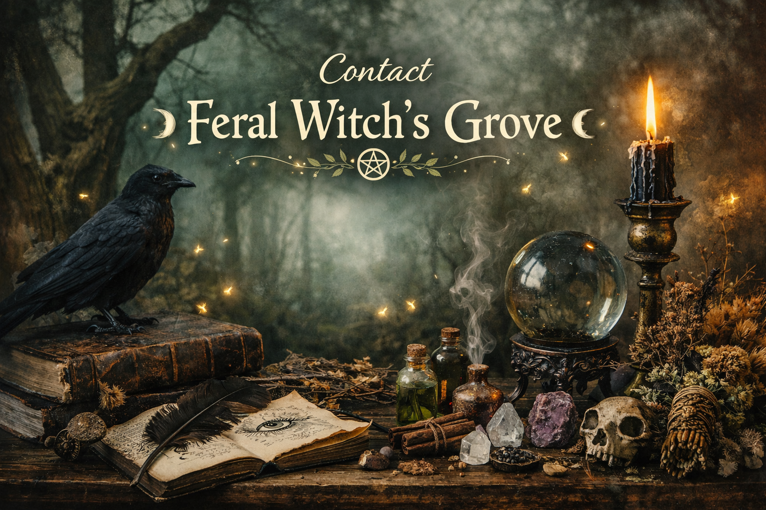 A mystical scene in a forest with a black raven perched on an old book, surrounded by potion bottles, crystals, a skull, dried flowers, and a lit candle on an ornate holder. The background shows trees and glowing sparks, with text reading "Contact Feral Witch's Grove" and mystical symbols.