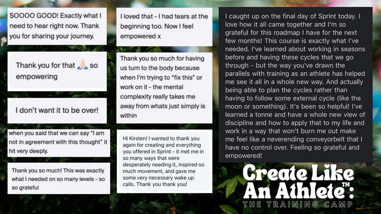 Collection of handwritten and typed thank you notes, with a paragraph of text on a dark green leafy background promoting the 'Create Like An Athlete' training camp.