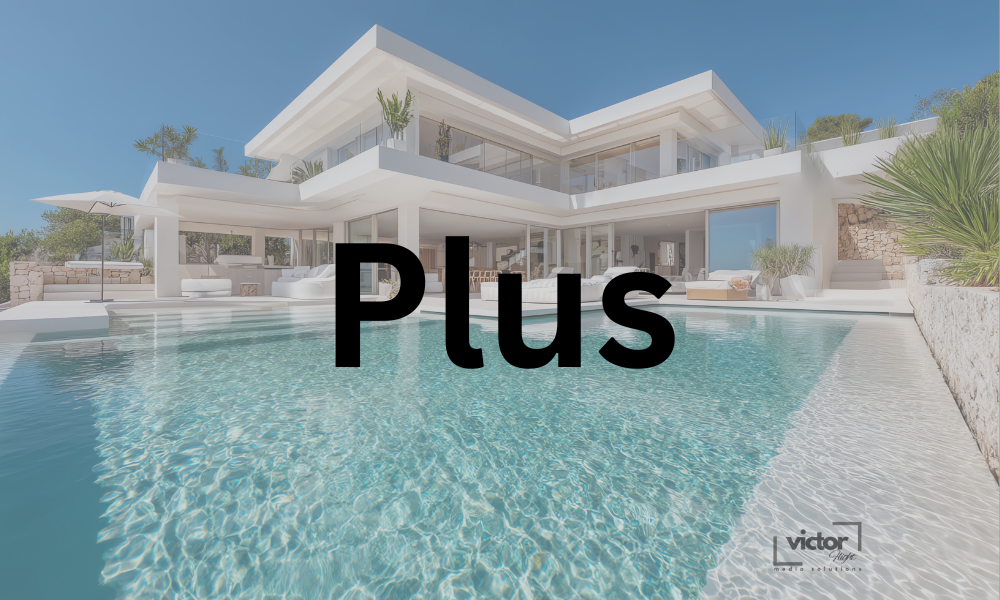 Modern white luxury house with outdoor pool, lounge chairs, patio area, and lush greenery under a clear blue sky.