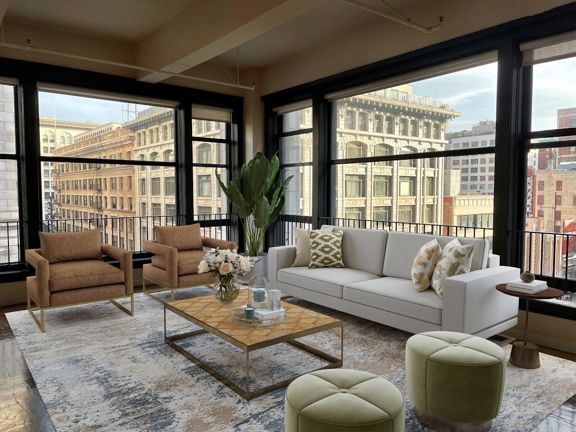 Modern living room with beige armchairs, a white sofa with patterned cushions, a coffee table with flowers, and large windows showing city buildings.