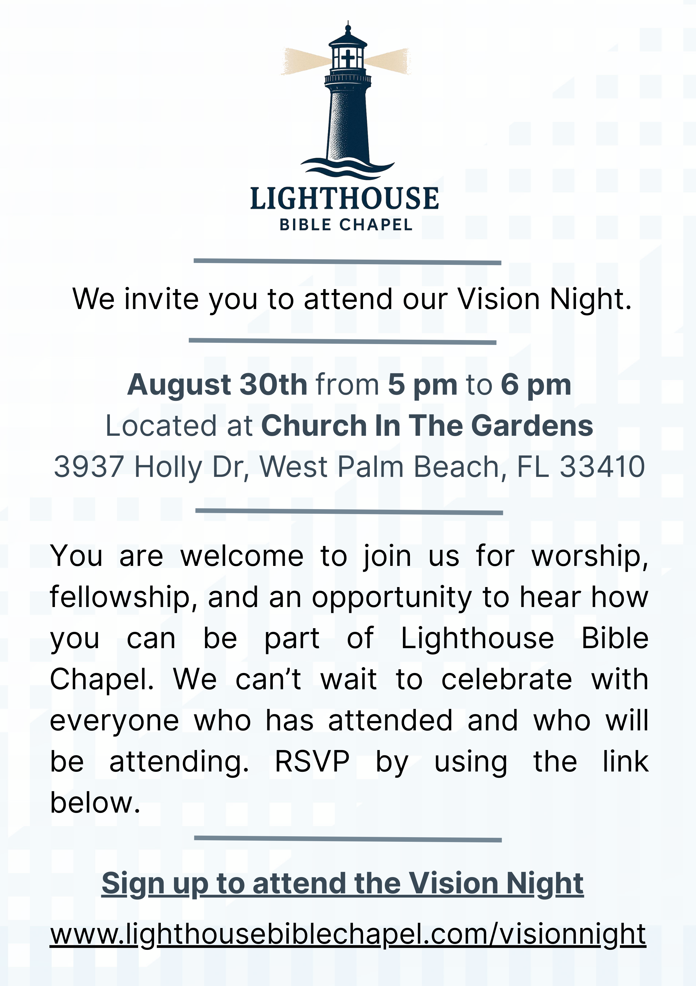 Invitation flyer for Lighthouse Bible Chapel's Vision Night event, including date, time, location, and RSVP details.