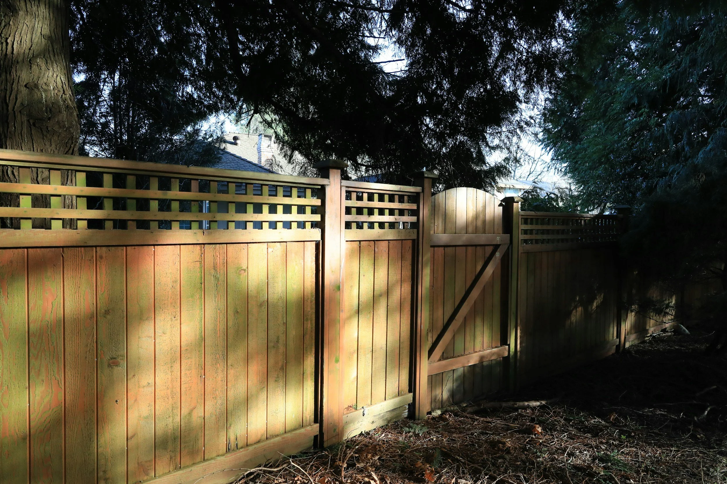 A wooden fence with a gate, partially shaded by trees, with a house roof visible in the background.