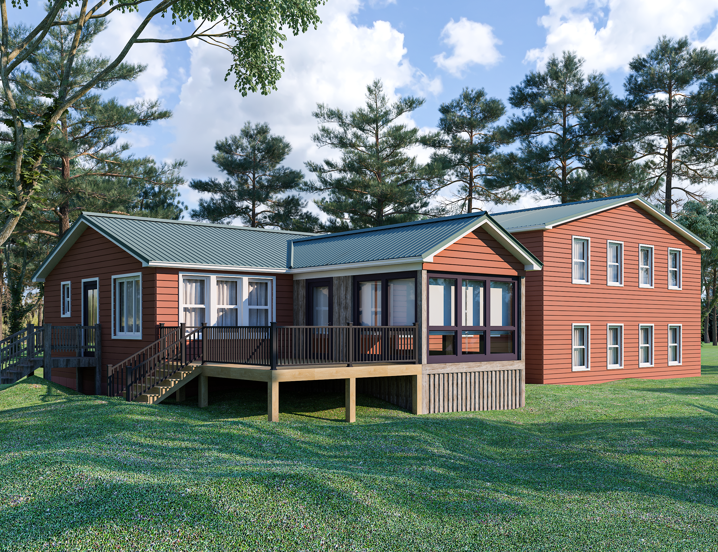 A two-story house with red siding and a metal roof, featuring a screened-in porch and surrounded by green grass and tall pine trees.