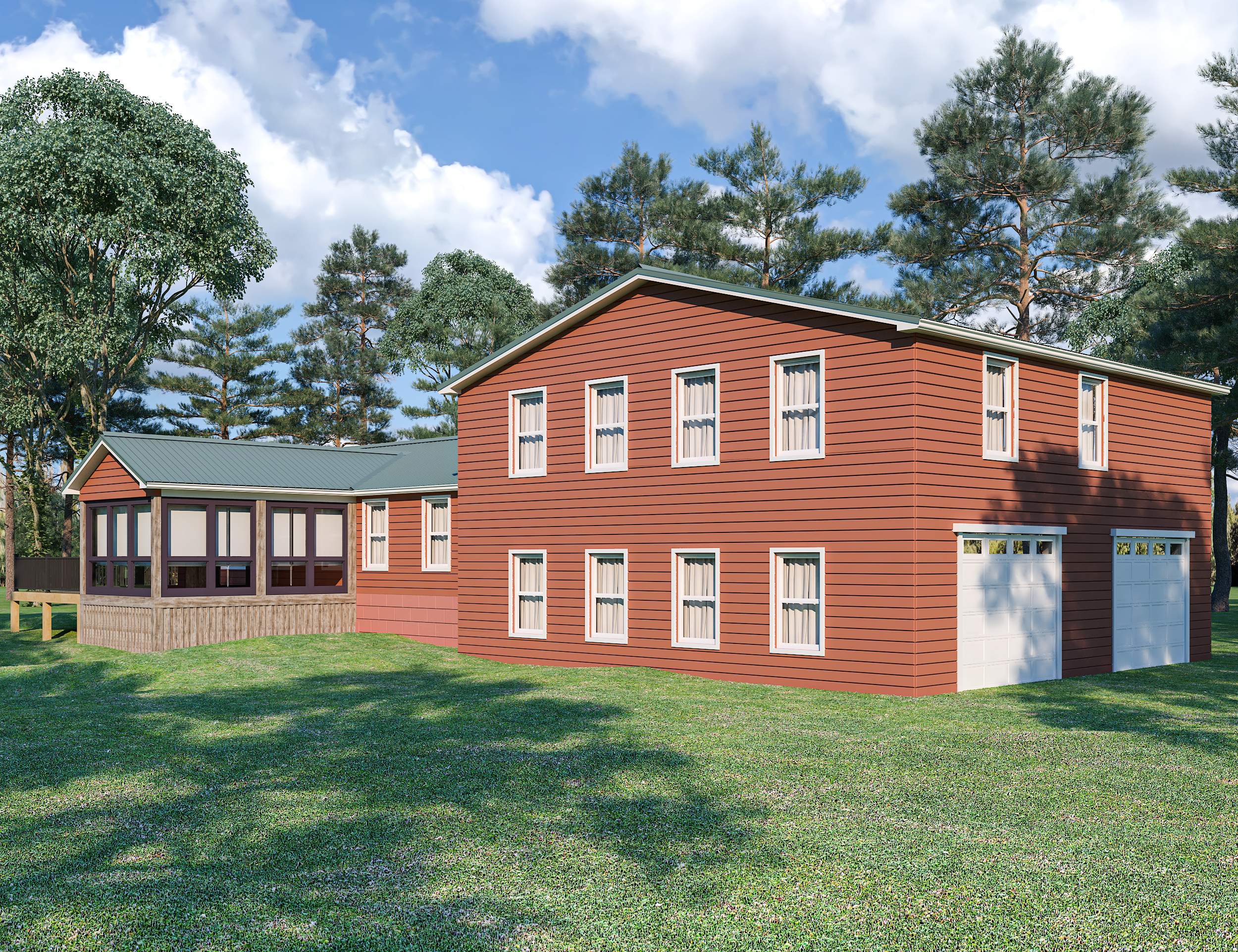 A two-story red house with white window frames and a garage, surrounded by green grass and tall trees, under a partly cloudy sky.