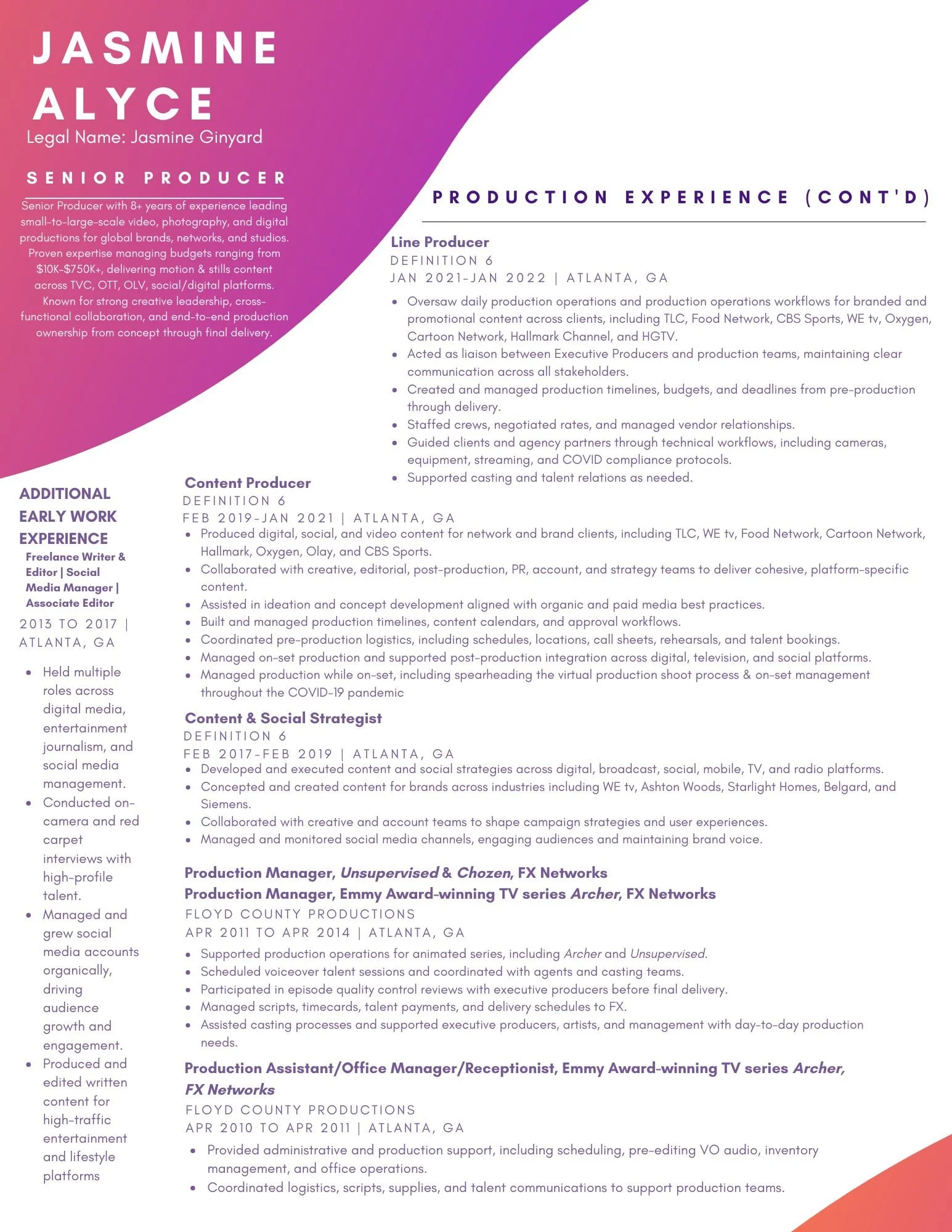 Resume page featuring Jasmine Alyce, a senior producer, with experience in production, content creation, and social media management, including details of previous roles, skills, and education.