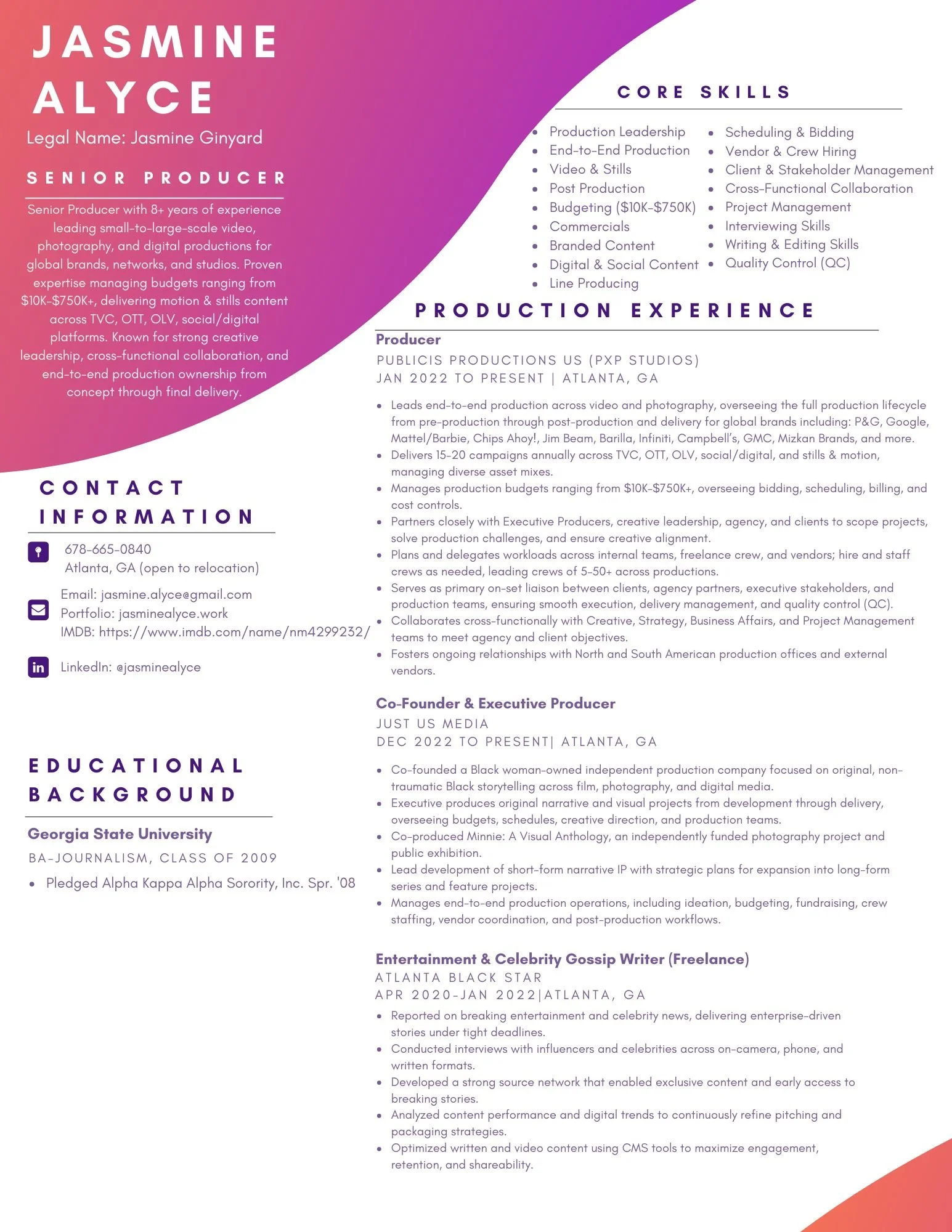 A resume titled Jasmine Alyce, Senior Producer, with sections for contact information, educational background, core skills, production experience, and co-founder role. The background features a purple and pink gradient with white text and a curved corner design.