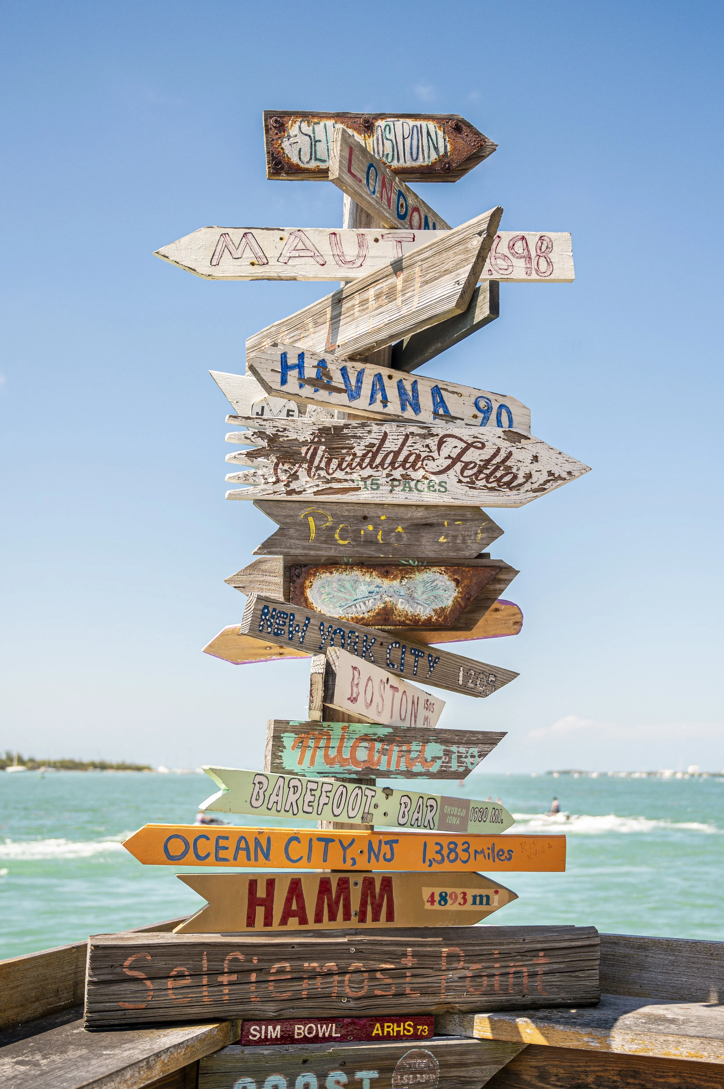 Colorful wooden directional signs pointing to various locations around the world, including Havana, New York City, Boston, Miami, Barefoot Bar, Ocean City, Hamm, and Selfie Most Point, against a clear blue sky and ocean background.
