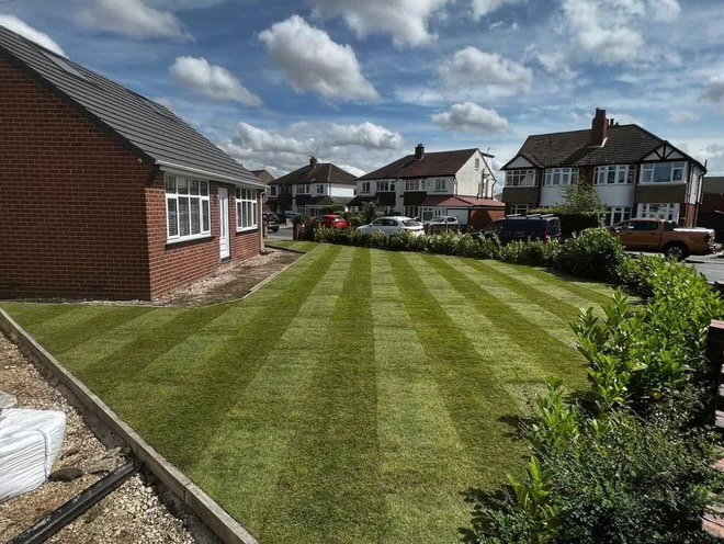 New natural turf lawn beside a bungalow