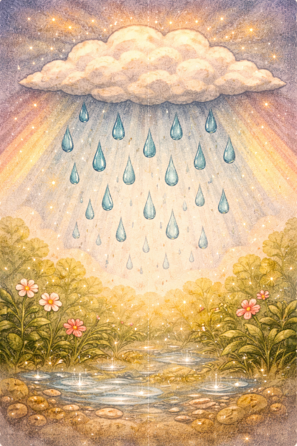 A decorative illustration of a rain cloud with rain falling on a pond surrounded by flowering plants, with rays of sunlight and sparkles.