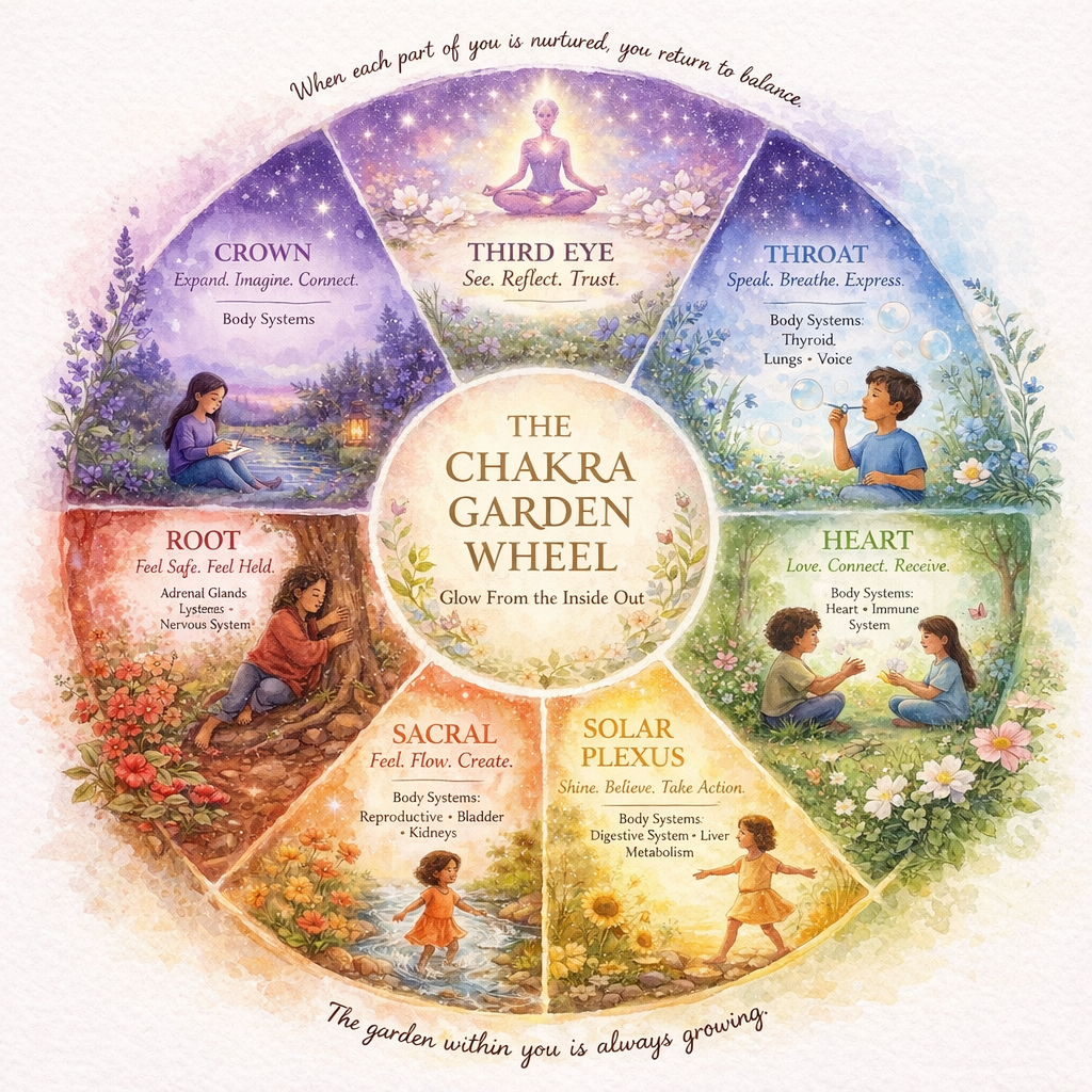 Diagram of the Chakra Garden Wheel showing seven sections representing different chakras, including Crown, Third Eye, Throat, Heart, Solar Plexus, Sacral, and Root, each with descriptive themes and body systems. The wheel is surrounded by botanical illustrations and contains inspirational quotes about balance, trust, and growth.