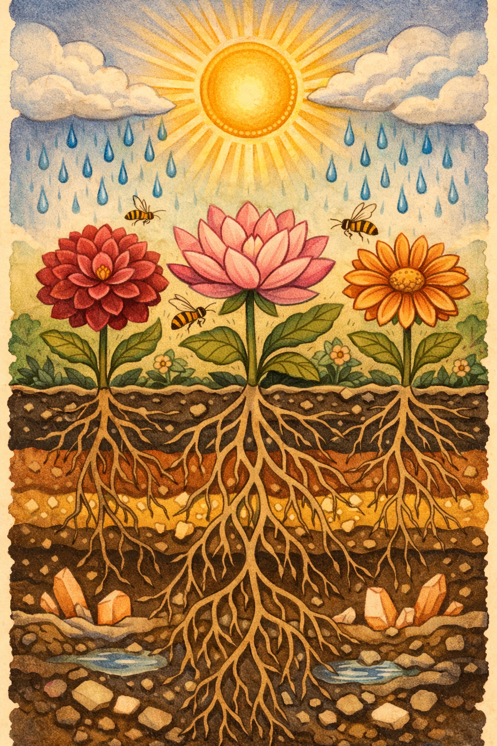 Illustration of flower roots underground, with blooming flowers above ground, bees flying around, rain clouds with raindrops falling, and the sun shining in the sky.