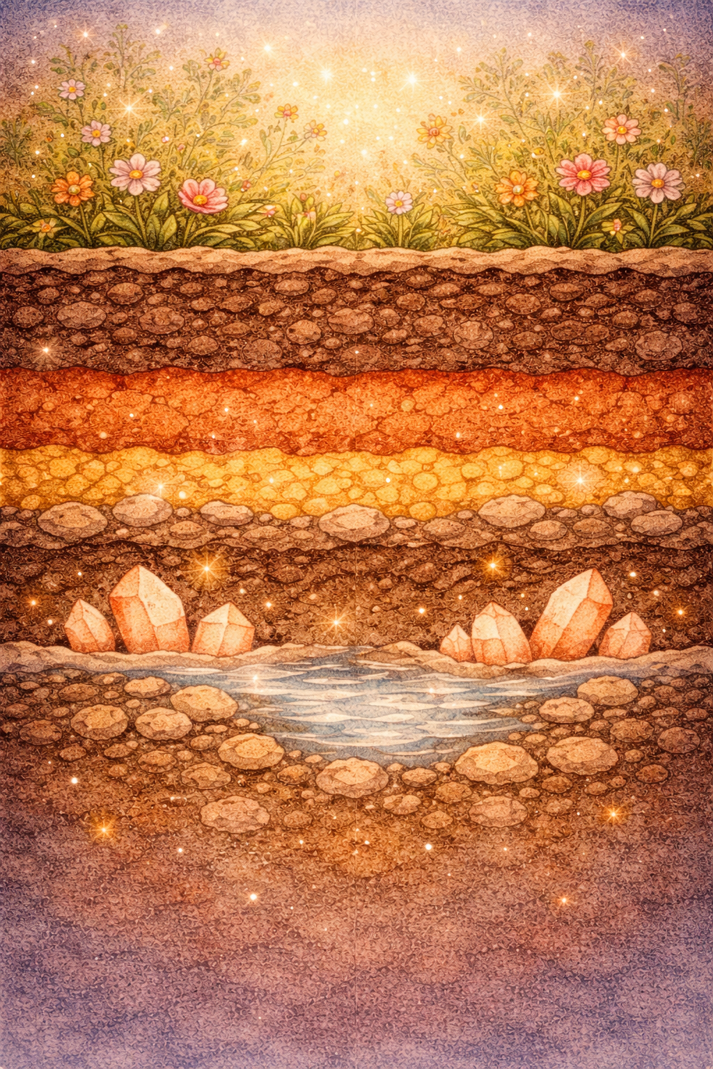 Illustration of underground layers showing soil, minerals, and water source with flowers on surface.