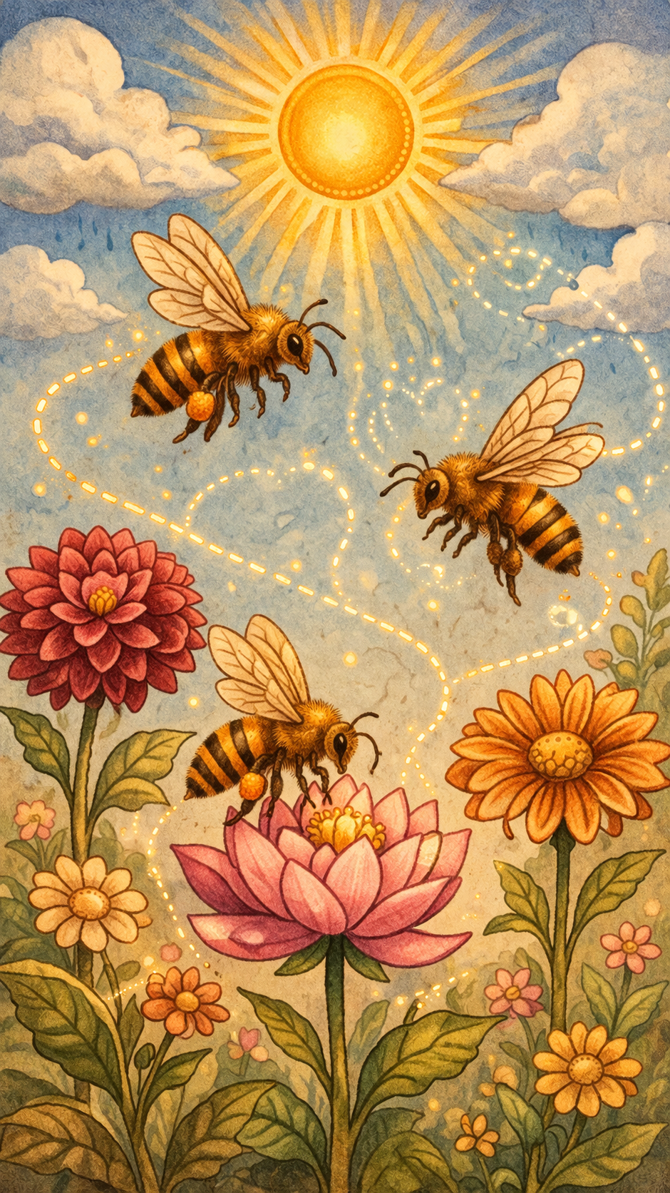 Three bees flying among colorful flowers in a garden under a bright sun with clouds in the sky.