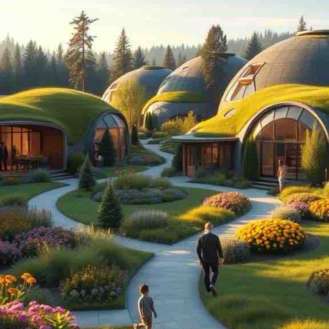 Futuristic spherical homes with lush gardens and winding paths, set in a forested area with tall trees.