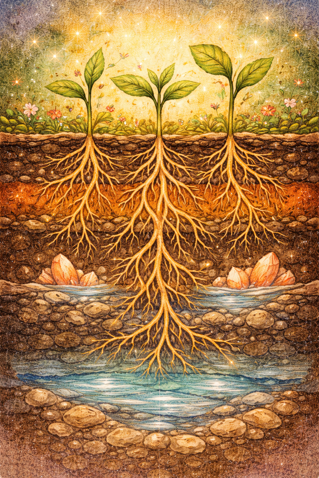An illustration showing three plants with green leaves ascending from underground roots, which extend down into water and rocks; the background is glowing with sunlight and sparkles.