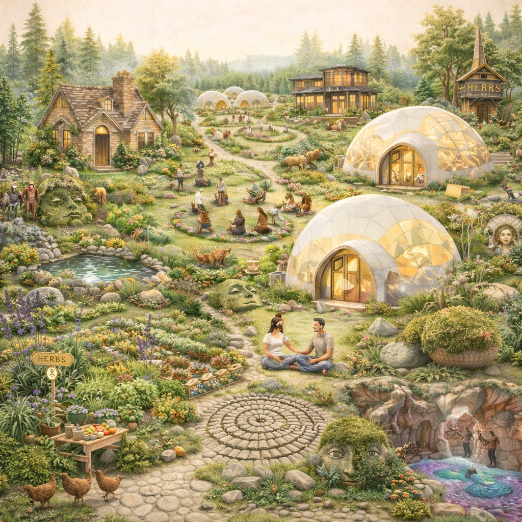 A lush, fantasy garden-filled landscape with tiny houses, greenhouses, a small pond, and people engaging in various activities like meditating, relaxing, and socializing. The scene includes animals like sheep and chickens, abundant colorful flowers, and whimsical faces integrated into the natural surroundings.