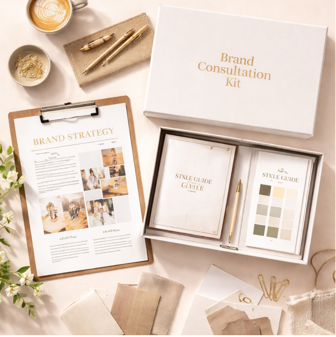 A brand consultation kit includes a white box, style guide, color palette, and branding strategy document on a light table. Surrounding items include coffee, pens, fabric swatches, paper clips, and plants.