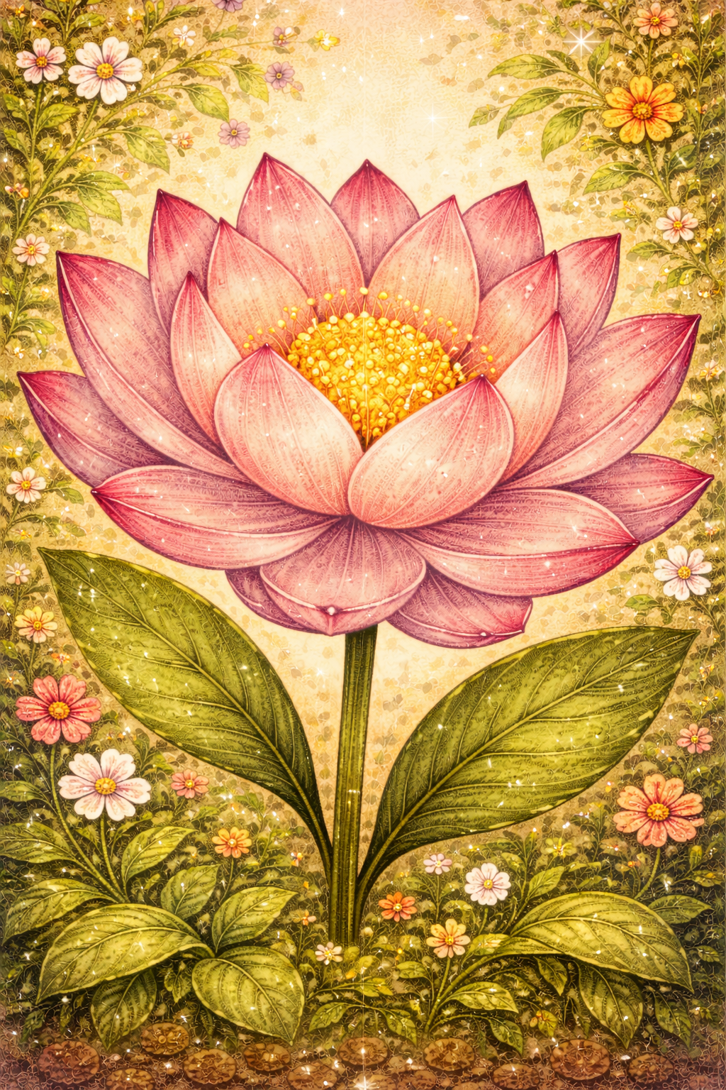 A vibrant pink lotus flower with yellow center, green leaves, and surrounded by smaller pink and white flowers on a glittery golden background.