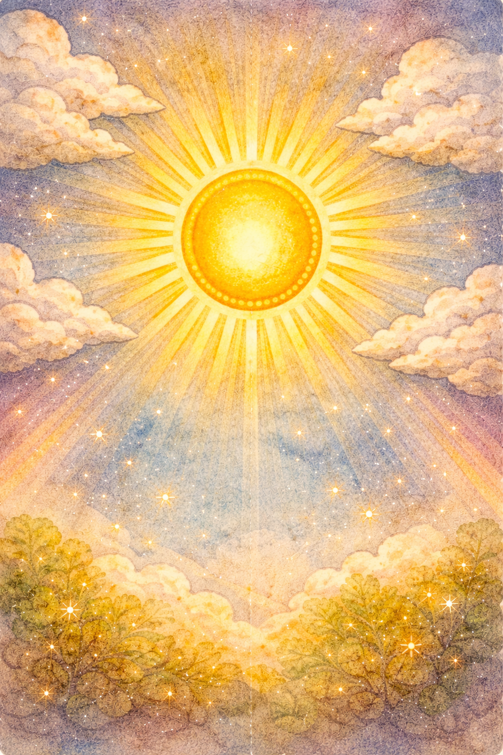 An artistic depiction of a shining sun with rays extending outward, surrounded by clouds and sparkles in the sky.
