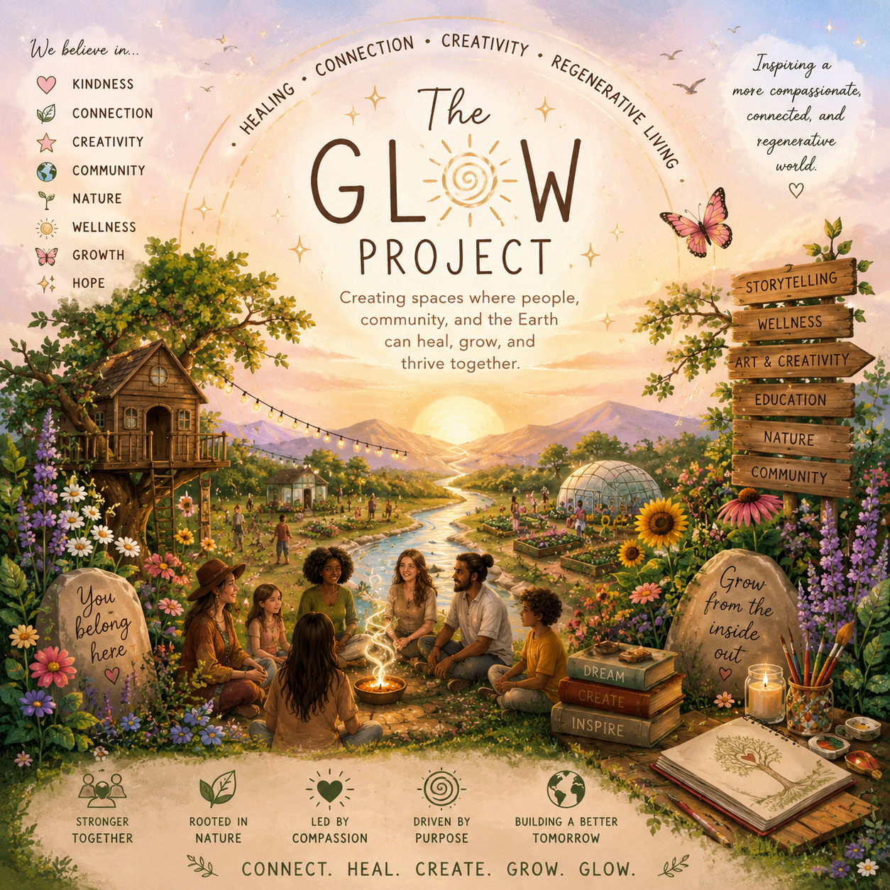 An illustrated poster promoting 'The Glow Project' depicting a diverse group of people sitting around a campfire in a lush, flowering landscape with mountains, a river, multiple greenhouses, and a sunset. The poster emphasizes themes of connection, healing, creativity, and regenerative living with symbols and keywords. Features include a whimsical treehouse, a butterfly, signposts, and motivational books with a message of community, nature, and growth.