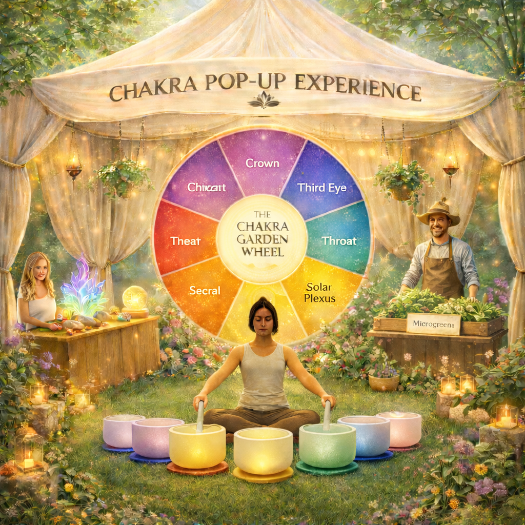 A woman sits cross-legged in front of a large chakra wheel labeled 'The Chakra Garden Wheel,' with sections for Crown, Third Eye, Throat, Solar Plexus, Sacral, Thheat, and Chivart. The setting appears to be an outdoor garden with lush greenery, flowers, and candles. On the left, a woman in a sleeveless top is at a table with crystals and a glowing purple flame, and on the right, a man with a straw hat, apron, and plants is behind a stand labeled 'Microgreens.' There are six illuminated singing bowls in front of the woman, each glowing in different pastel colors.