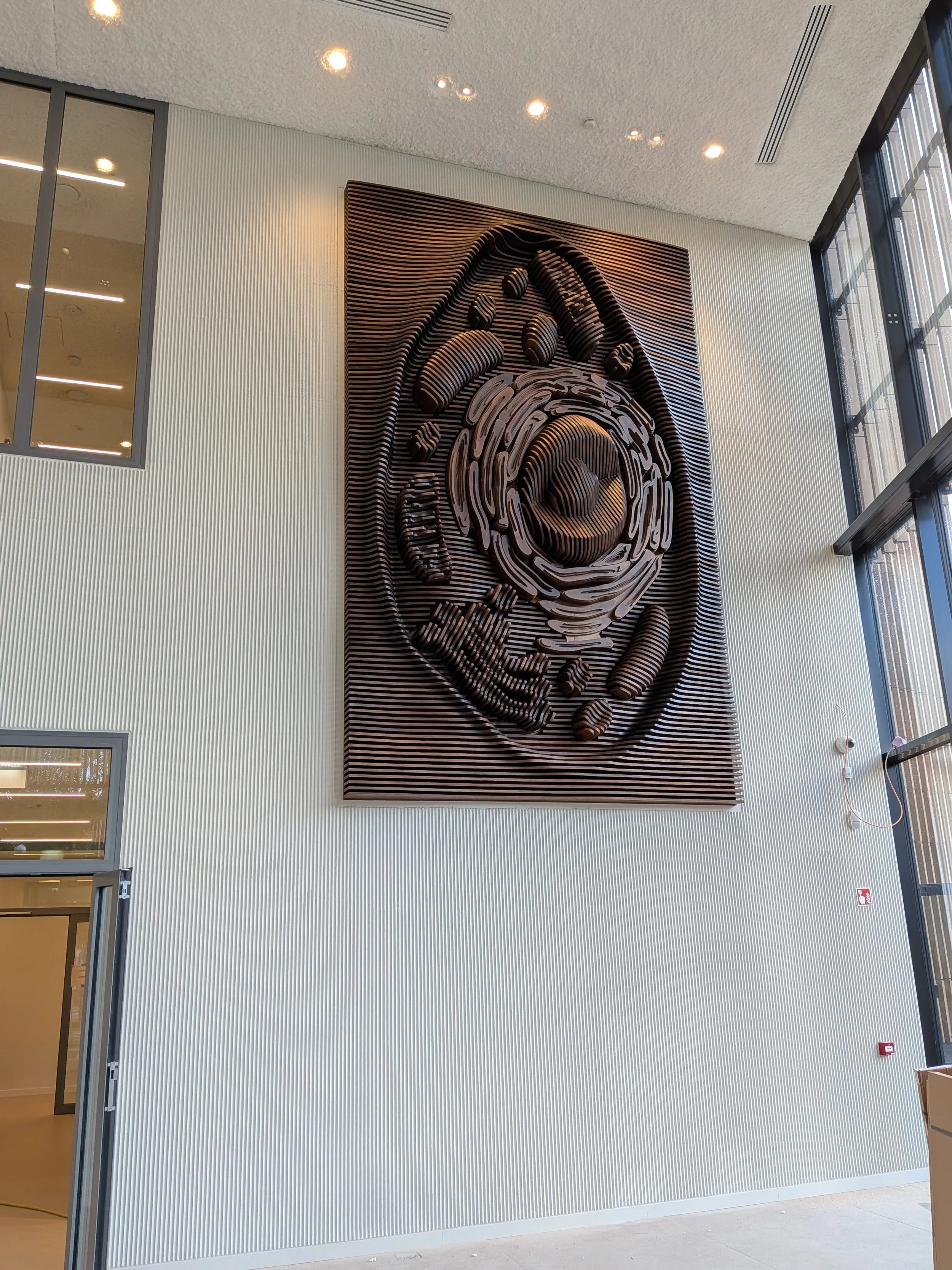 Large modern wall art featuring a mammalian cell structure in layered wood with a dark background, located in a spacious building lobby with white textured walls and high windows.