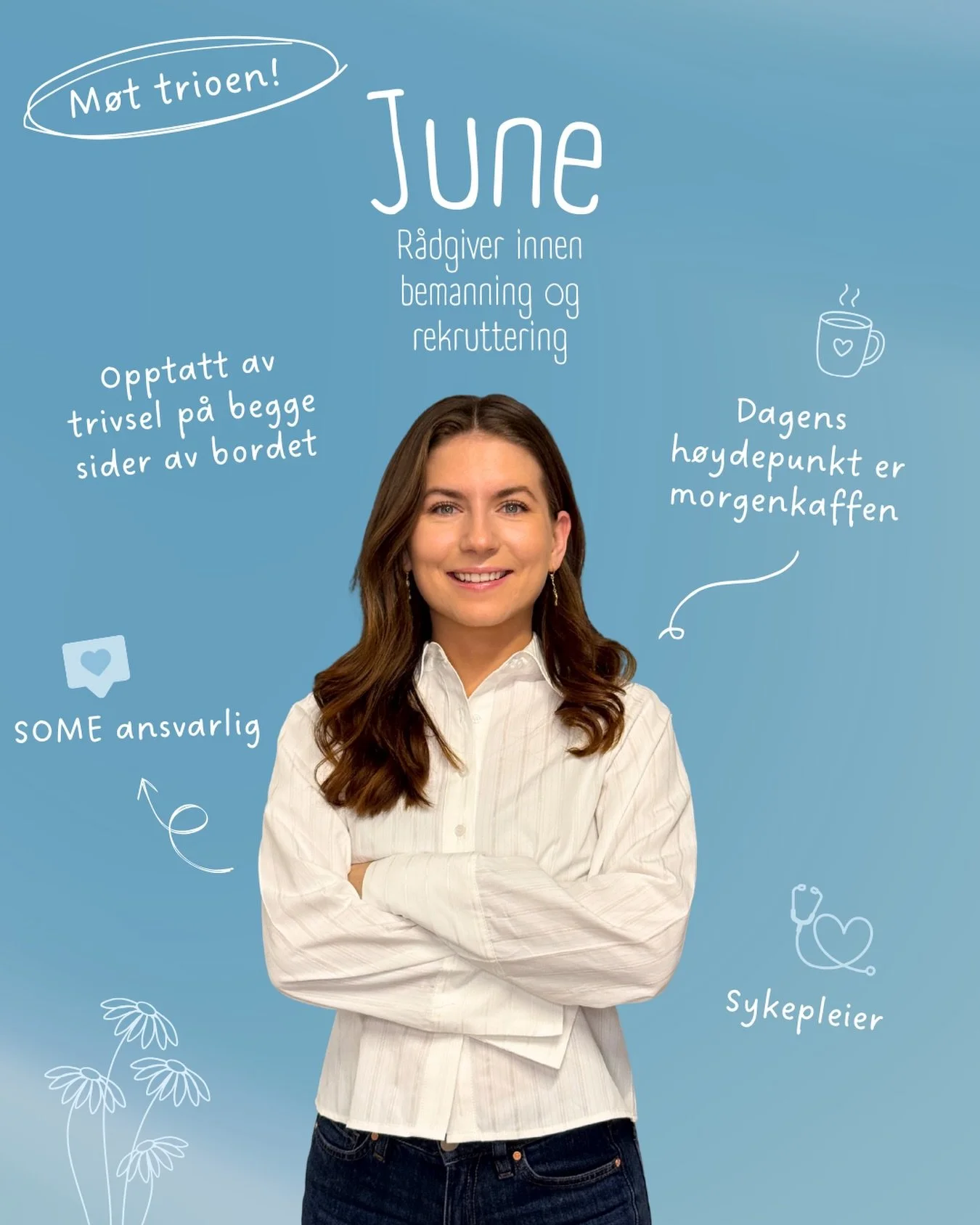 M&oslash;t June 👋🏻

June er r&aring;dgiver og ansvarlig for sosiale medier. Med bakgrunn som sykepleier har hun en forst&aring;else for hvor viktig gode relasjoner og trivsel er, for b&aring;de kunder og kandidater🌟

&Oslash;nsker du en hyggelig o