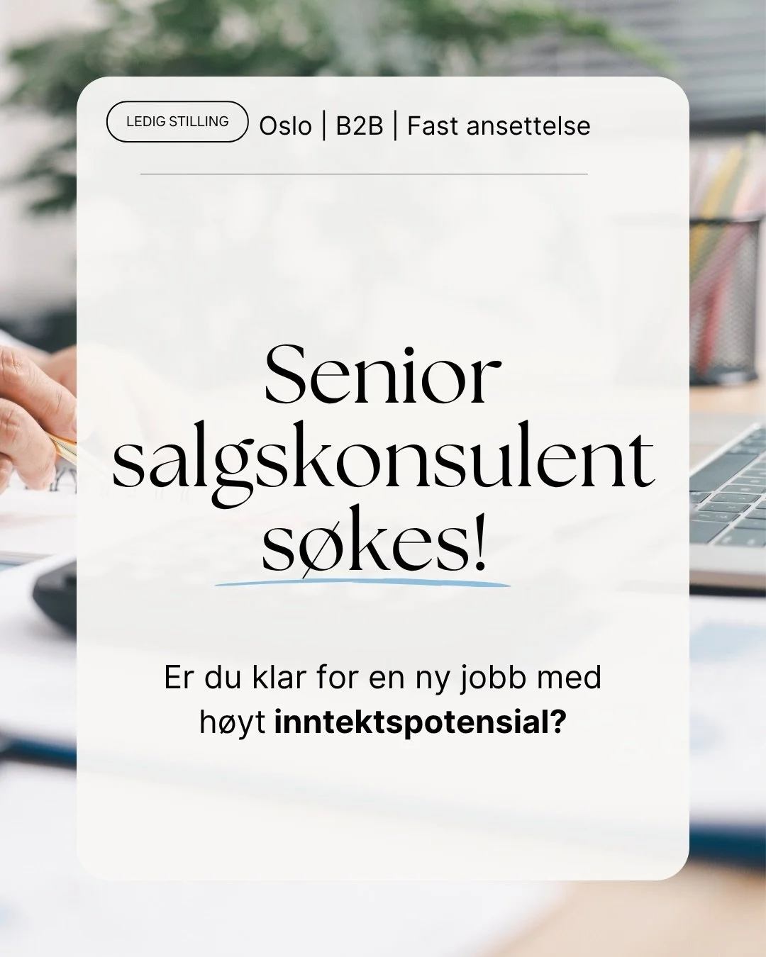 Vi s&oslash;ker senior salgskonsulent med h&oslash;yt inntektspotensial og stor p&aring;virkningskraft💸 
S&oslash;kere vurderes fortl&oslash;pende. Send inn din s&oslash;knad i dag via link i bio!