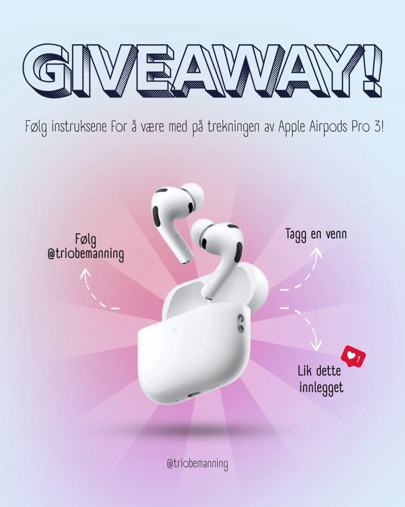 Trio Bemanning fyller straks ett &aring;r, og i den anledning kj&oslash;rer vi en giveaway!! Vi &oslash;nsker &aring; gi tilbake til v&aring;re gamle og nye f&oslash;lgere🫶🏻 

F&oslash;lg instruksene for &aring; vinne Apple AirPods Pro 3👇🏻

- F&o