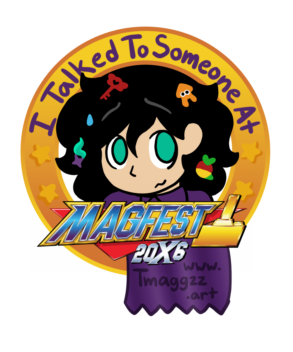 "I Talked To Someone At Magfest 2026" badge, 12/2025

1st of 2 sticker designs made to hand out/trade at the Magfest 2026 convention. This design features a drawing of me.