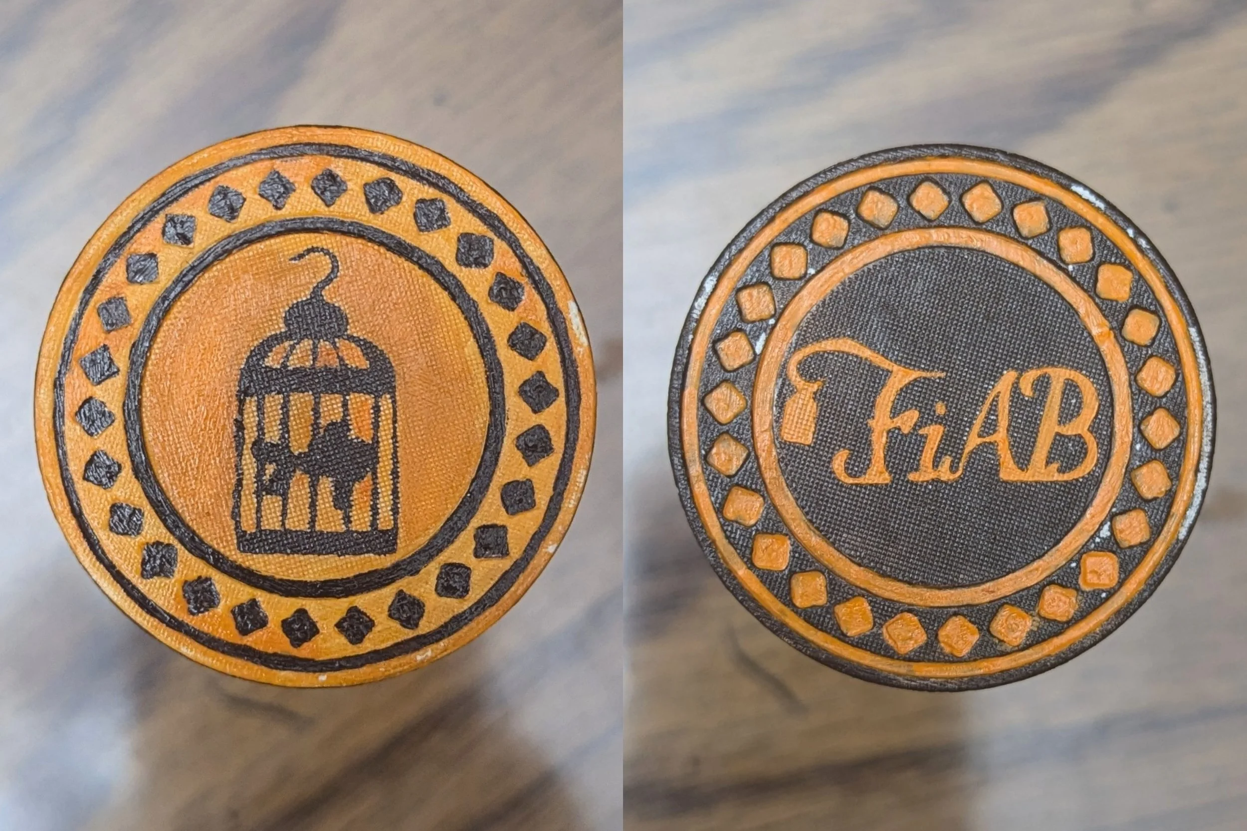 Fish in a Birdcage coin, 01/2025 Acrylic on Plastic. Fan art for the band Fish in a Birdcage using my own custom logo design.