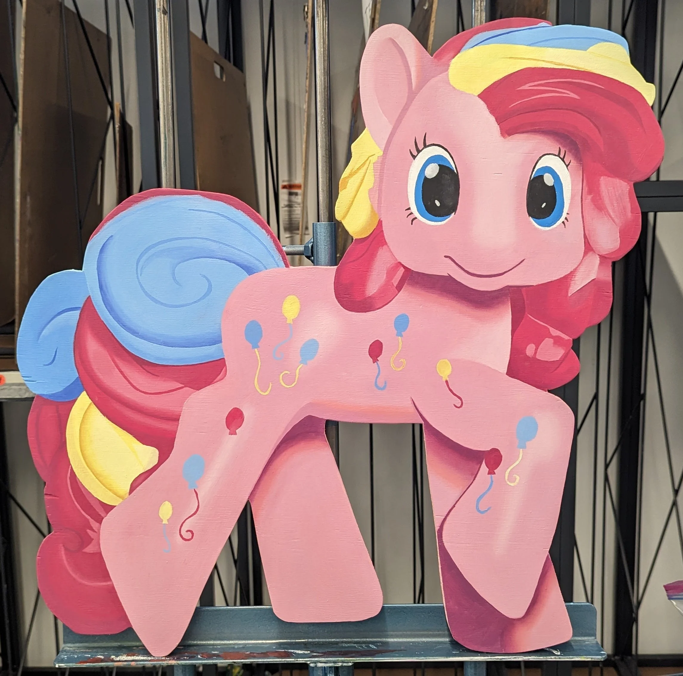 Pinkie Pie, 03/2024 Acrylic on wood. Shaped still life of a Hasbro toy from the show My Little Pony. Contact me if you want it!