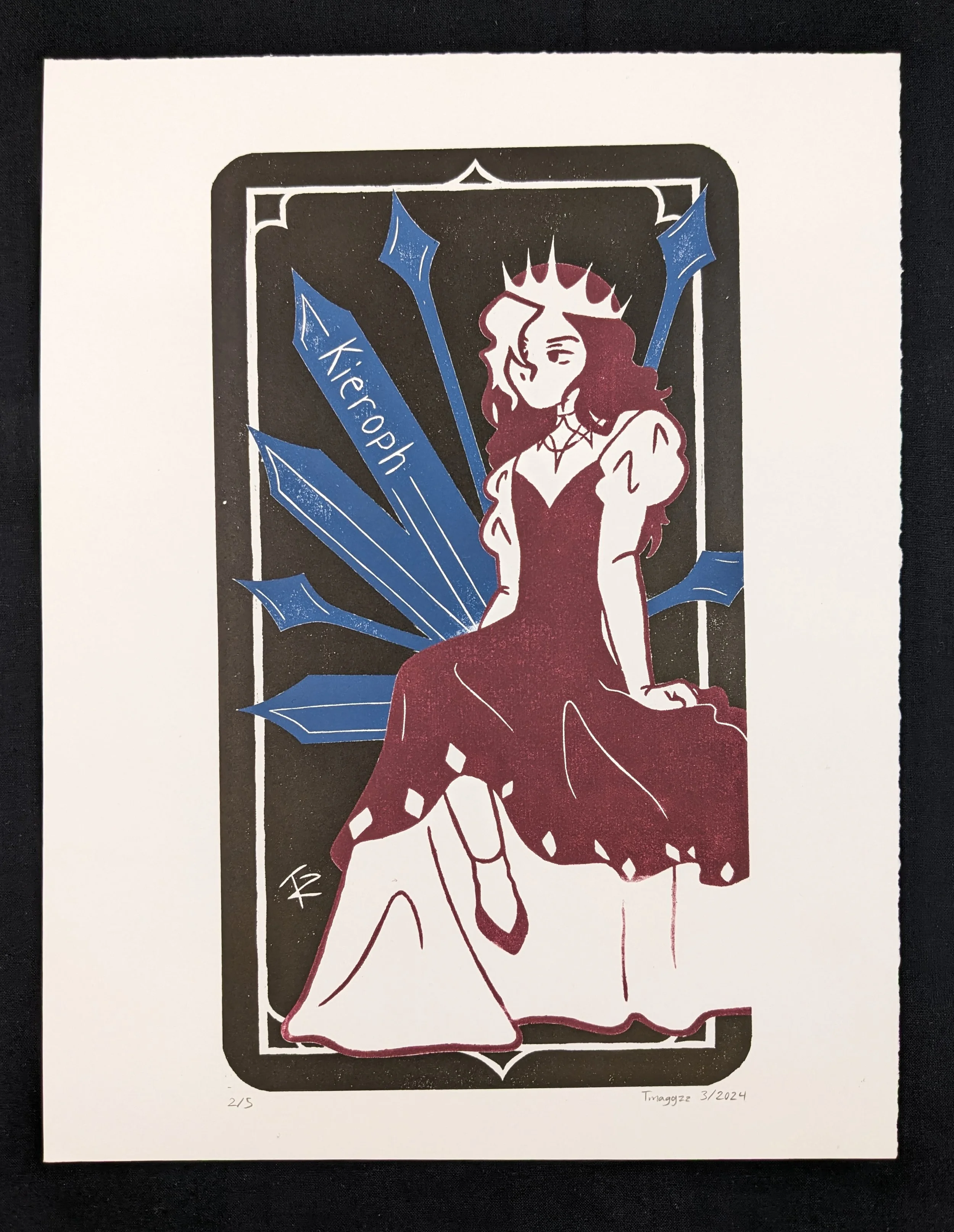 Kieroph, 05/2024 Woodblock print. One of a five piece series of prints. The designs are based on playing cards and each features one or two of my original characters.