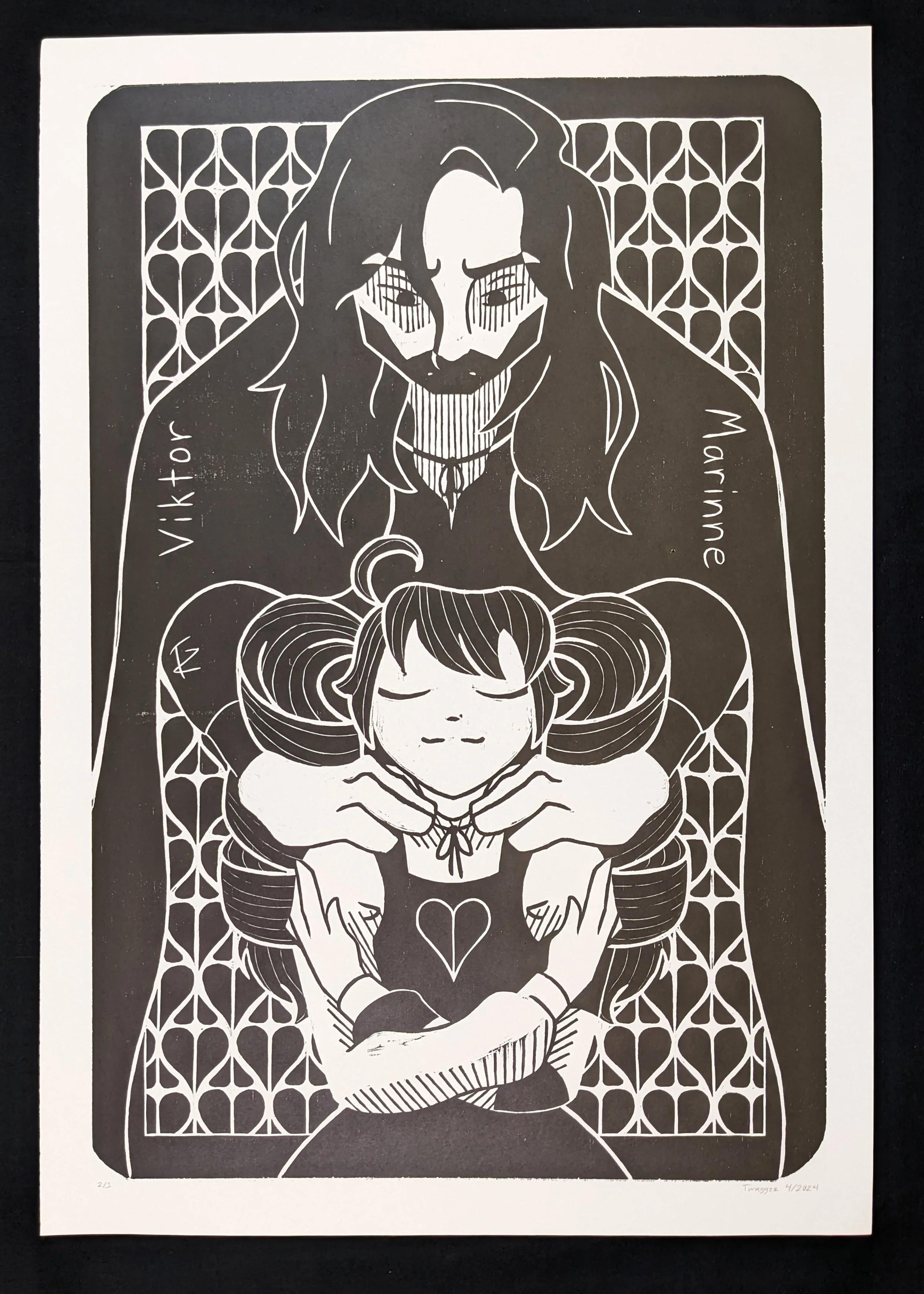Viktor and Marinne, 05/2024 Woodblock print. One of a five piece series of prints. The designs are based on playing cards and each features one or two of my original characters.