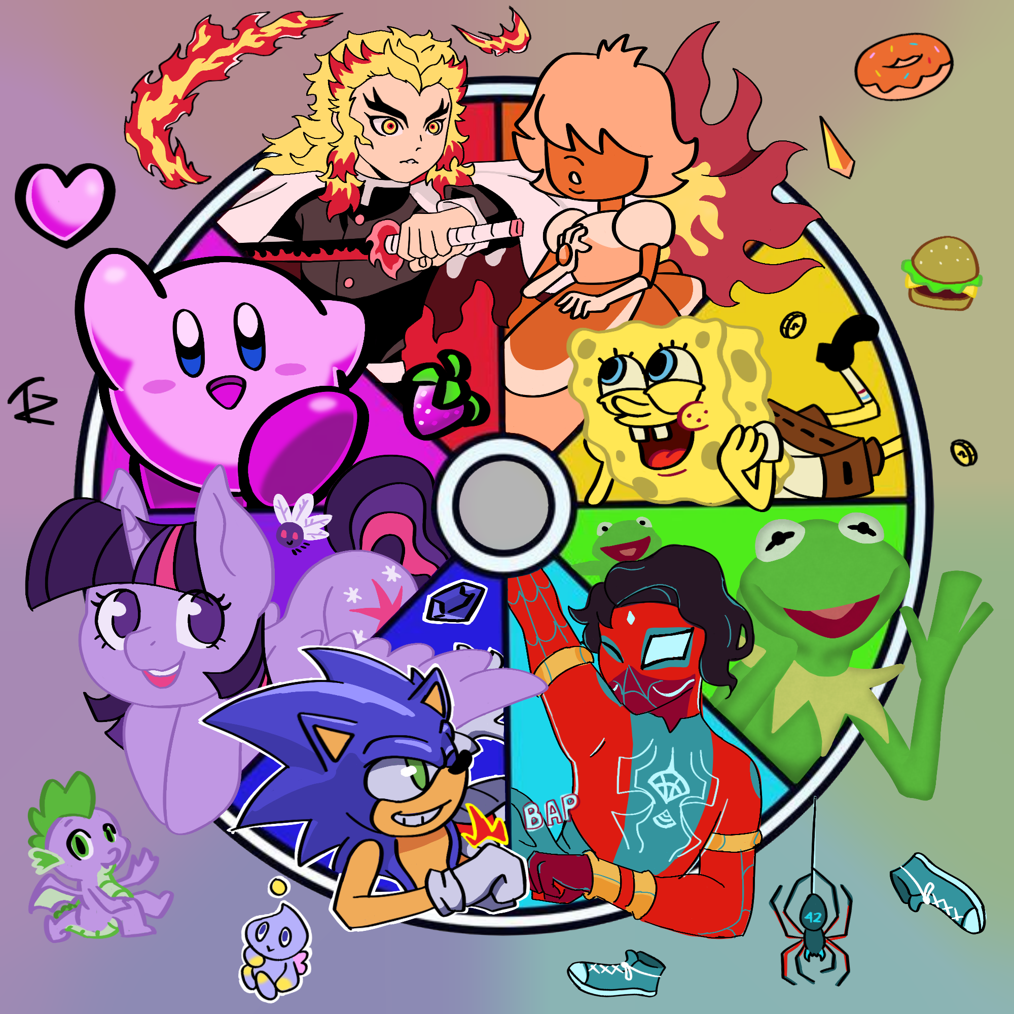 Colour Wheel, 07/2023

Characters Included: Rengoku (Demon Slayer), Padparadscha (Steven Universe), Spongebob Squarepants, Kermit and Robin the frog from The Muppets, Pavitr Prabhakar from the Spider-Verse, Sonic and Chao, Twilight Sparkle and Spike 