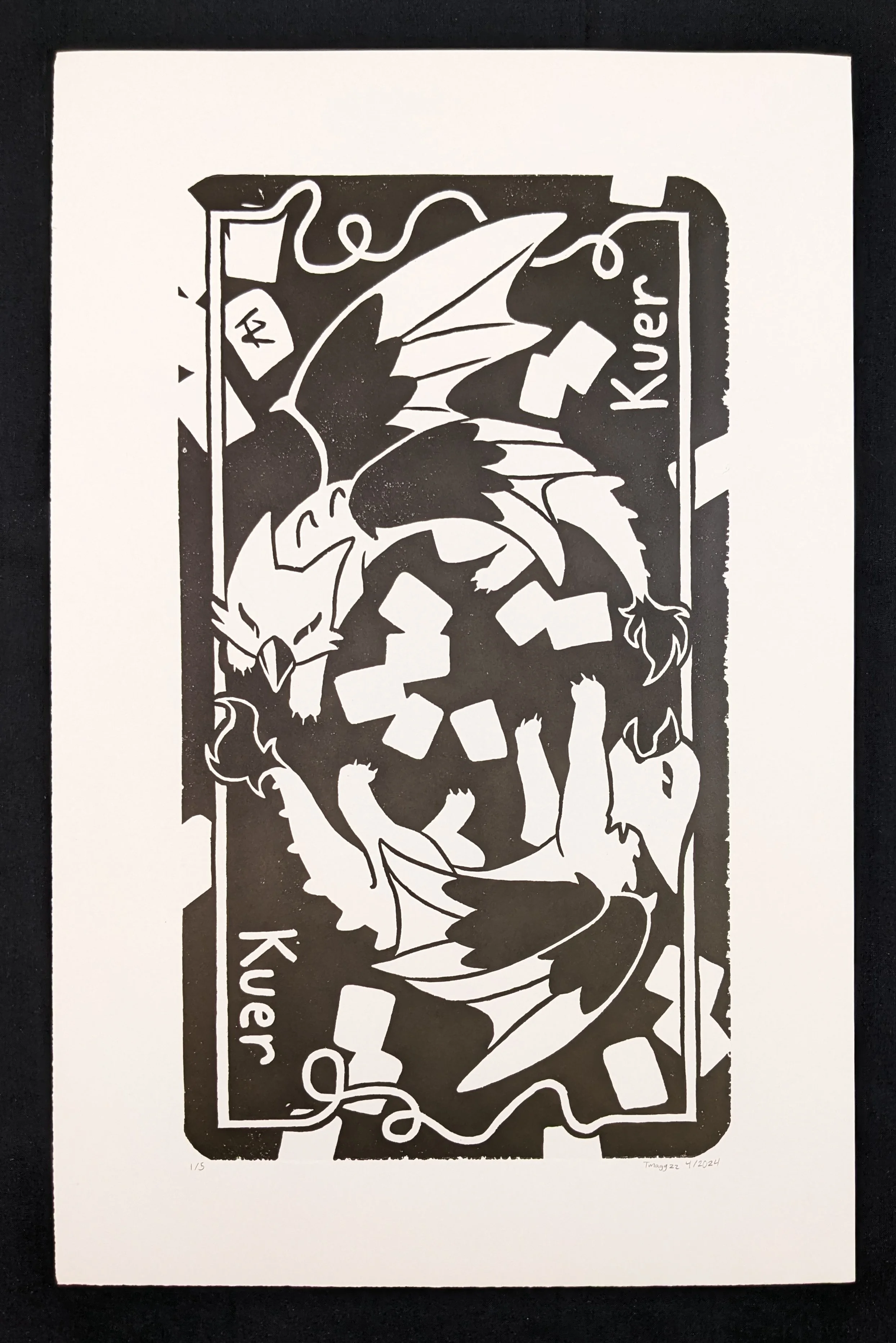 Kuer, 05/2024 Woodblock print. One of a five piece series of prints. The designs are based on playing cards and each features one or two of my original characters.