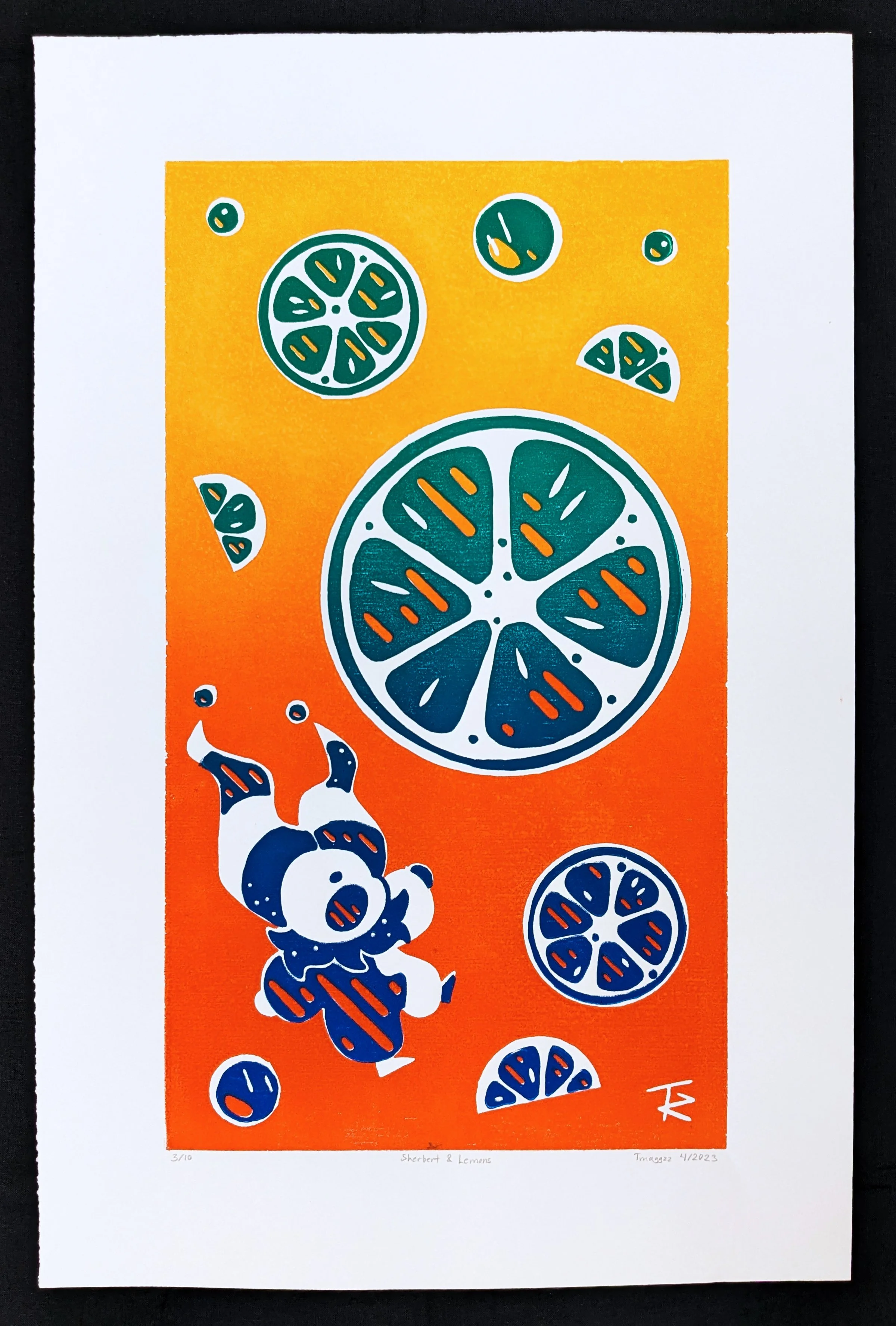 Sherbert & Lemons, 06/2023 Woodblock print. My original character, Sherbert