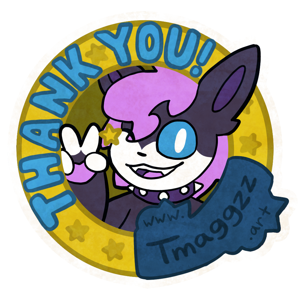 "Thank You" badge, 12/2025

This sticker features my new Pokesona OC. Get one by purchasing Pokemon cards from Tmaggzz! Click the picture to find out how.