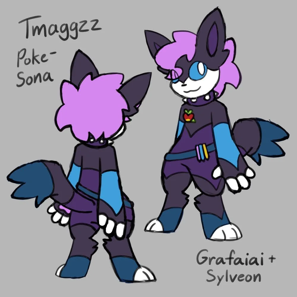 Pokesona, 12/2025

The first drawing of my personal Pokesona, based on Grafaiai and Sylveon. It wears a spiked collar, a belt of drawing supplies, and an Applin pin.