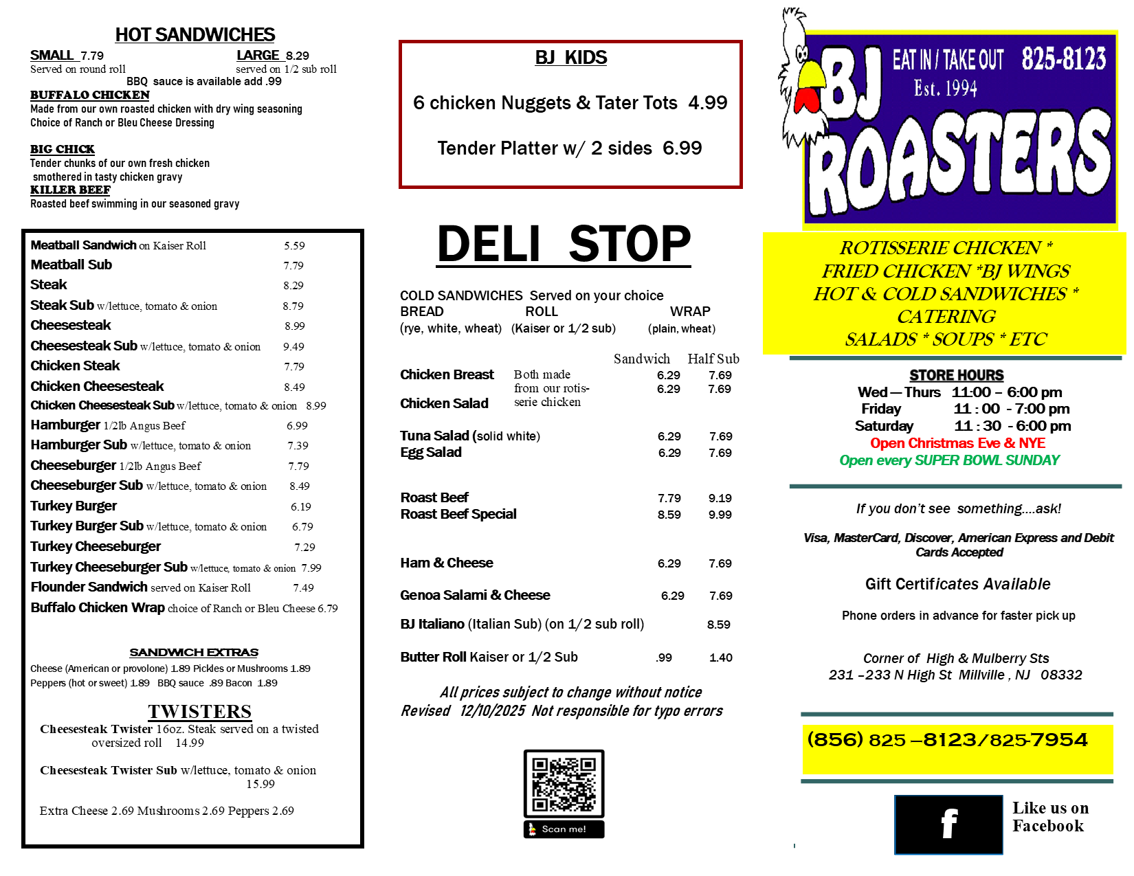 Menu from BJ Roasters restaurant featuring hot sandwiches, BJ Kids meals, deli stop options, catering, and salads. Includes contact info, store hours, and payment methods.