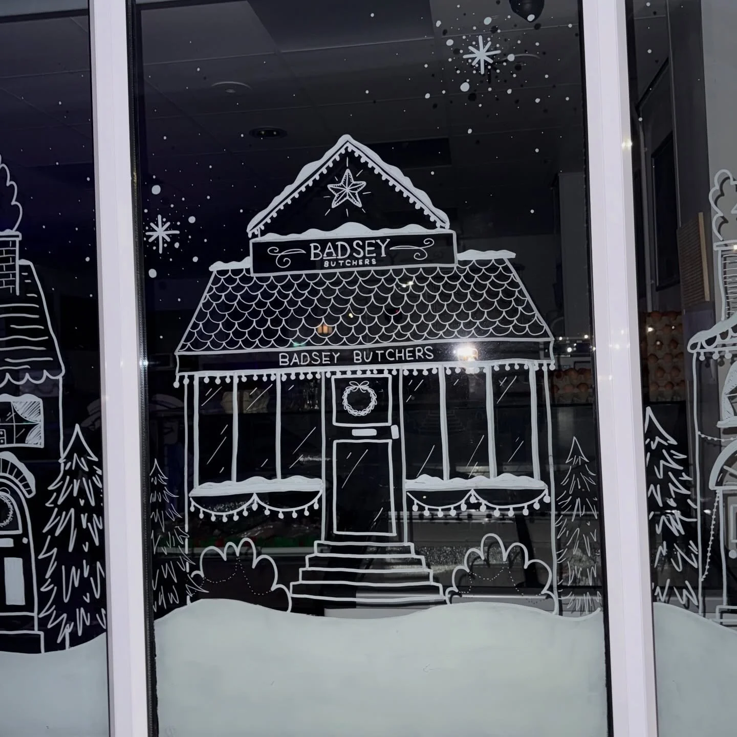 ✨Badsey Butchers Christmas window art 2025✨

A festive butcher scene on one side, a snowy village on the other &mdash; and Badsey Butchers right at the heart of it all 🎄✨

Loved drawing every detail of this window! I love tailoring each design to th