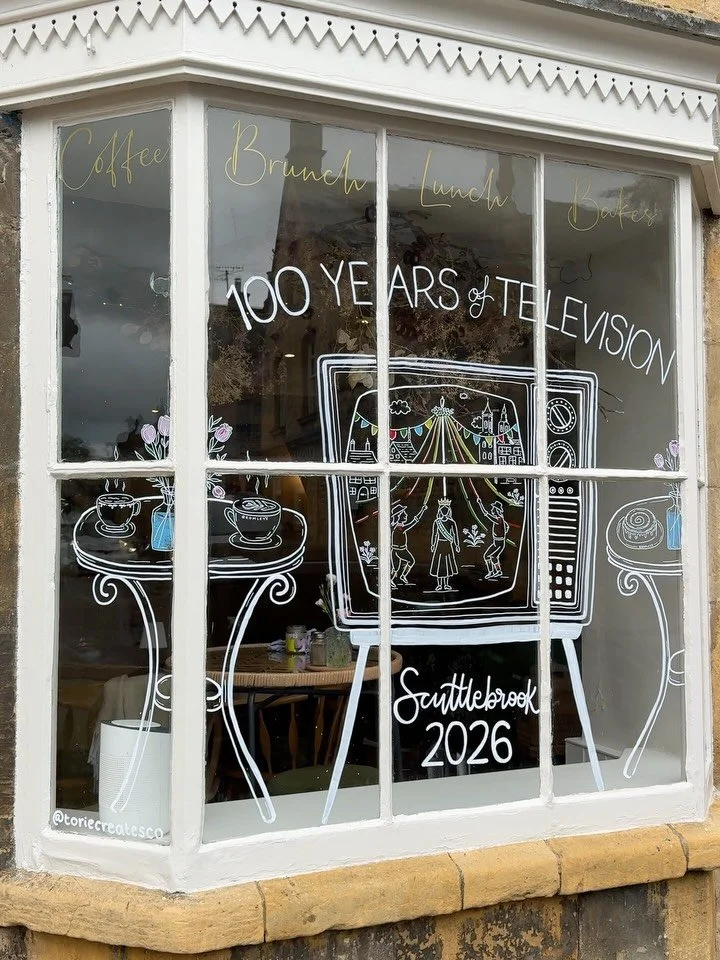 Another fun window piece for @bromleys_of_cotswolds ahead of next weekend&rsquo;s Scuttlebrook Wake 🌿✨

This year&rsquo;s theme is &ldquo;100 Years of Television&rdquo; - so we went for a giant old-fashioned TV screen, complete with a little Scuttle