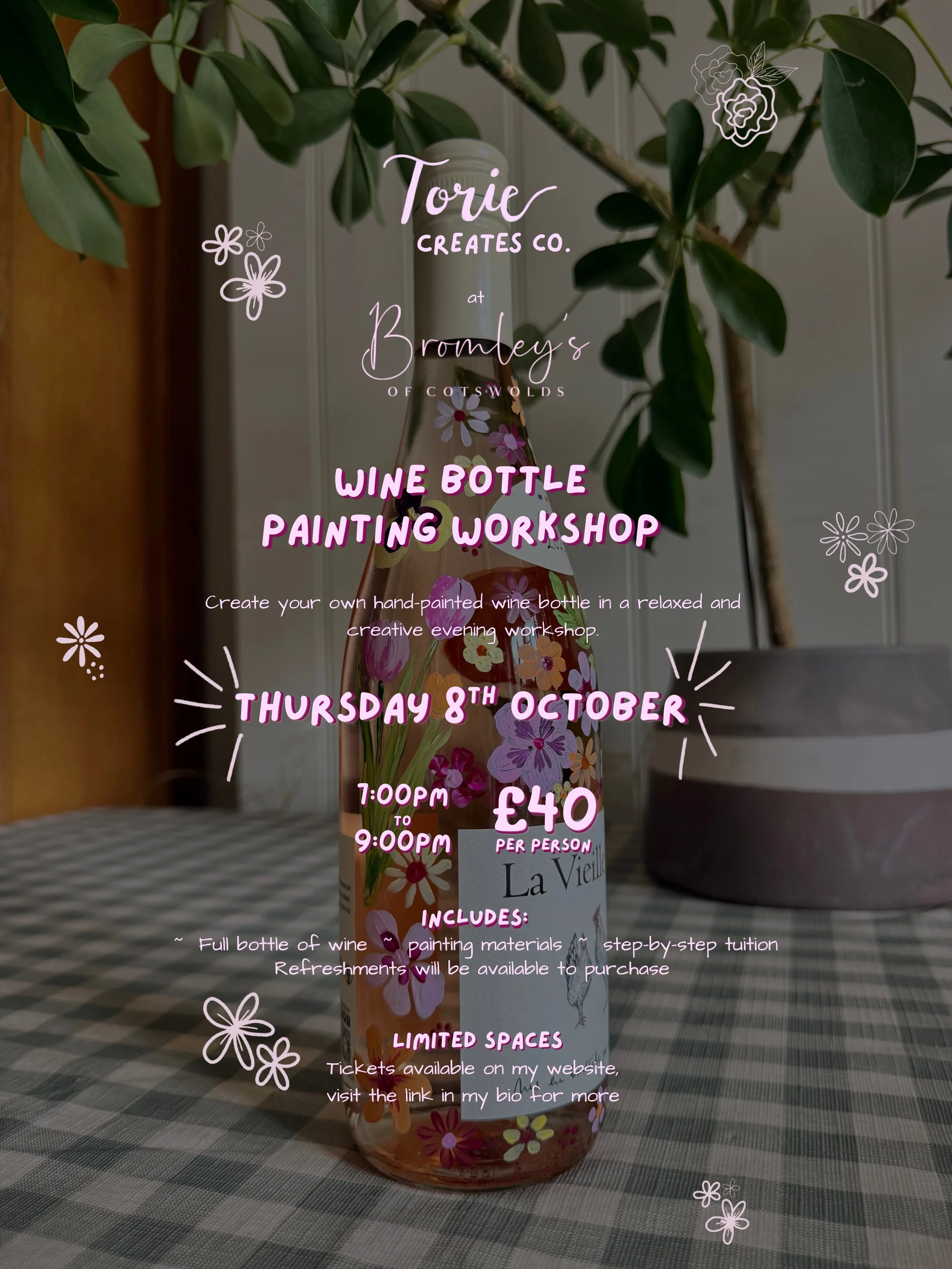 ✨ NEW DATE ADDED ✨

For all you lovely lot who can&rsquo;t make my first wine bottle painting workshop this Wednesday, we&rsquo;re squeezing in another date! 🍾🎨

I&rsquo;ll be back at @bromleys_of_cotswolds in Chipping Campden on Thursday 8th Octob