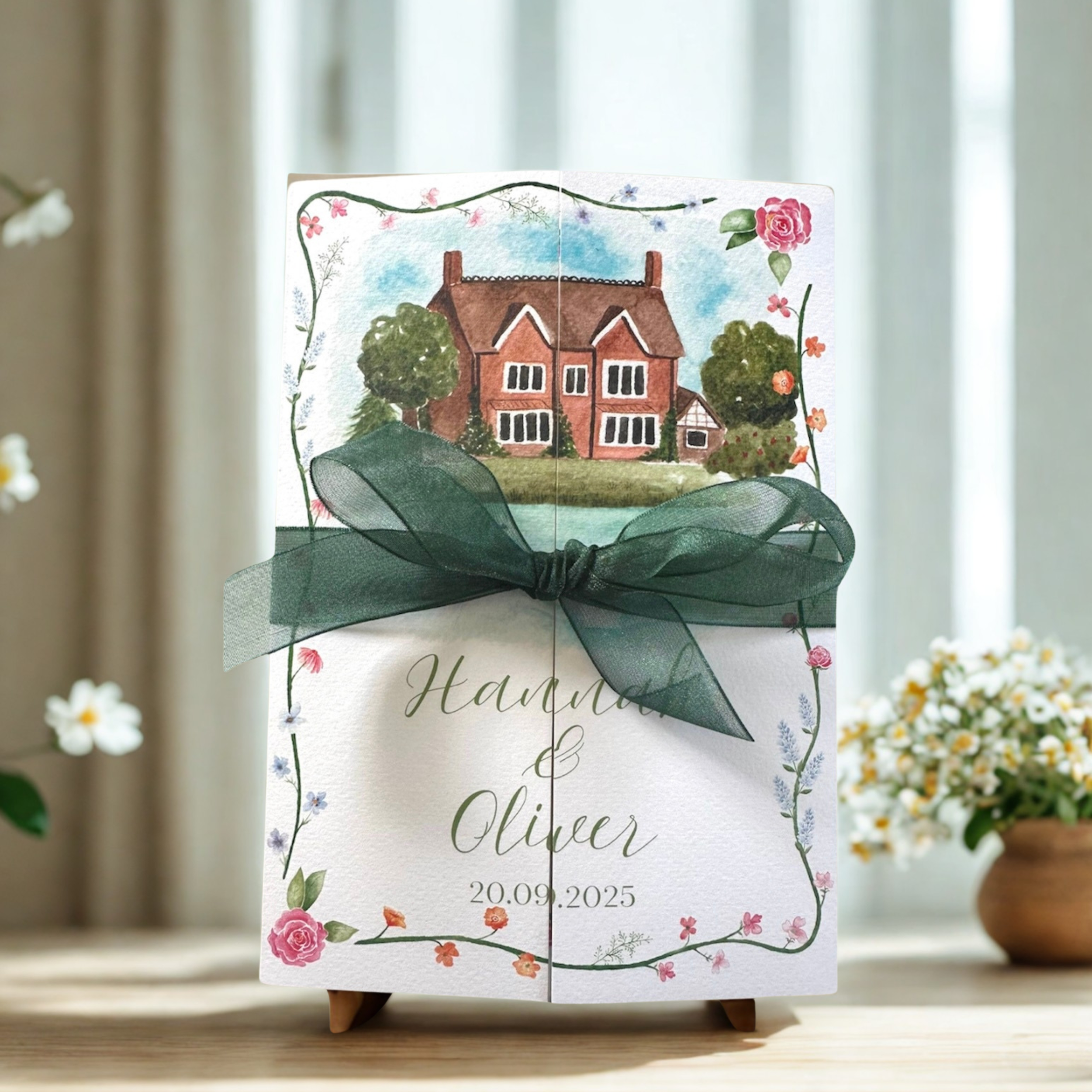 A wedding or celebration card with a house illustration on top, tied with a dark green ribbon, and decorated with floral borders. The card has the names Hannah and Oliver and the date 20.09.2025.