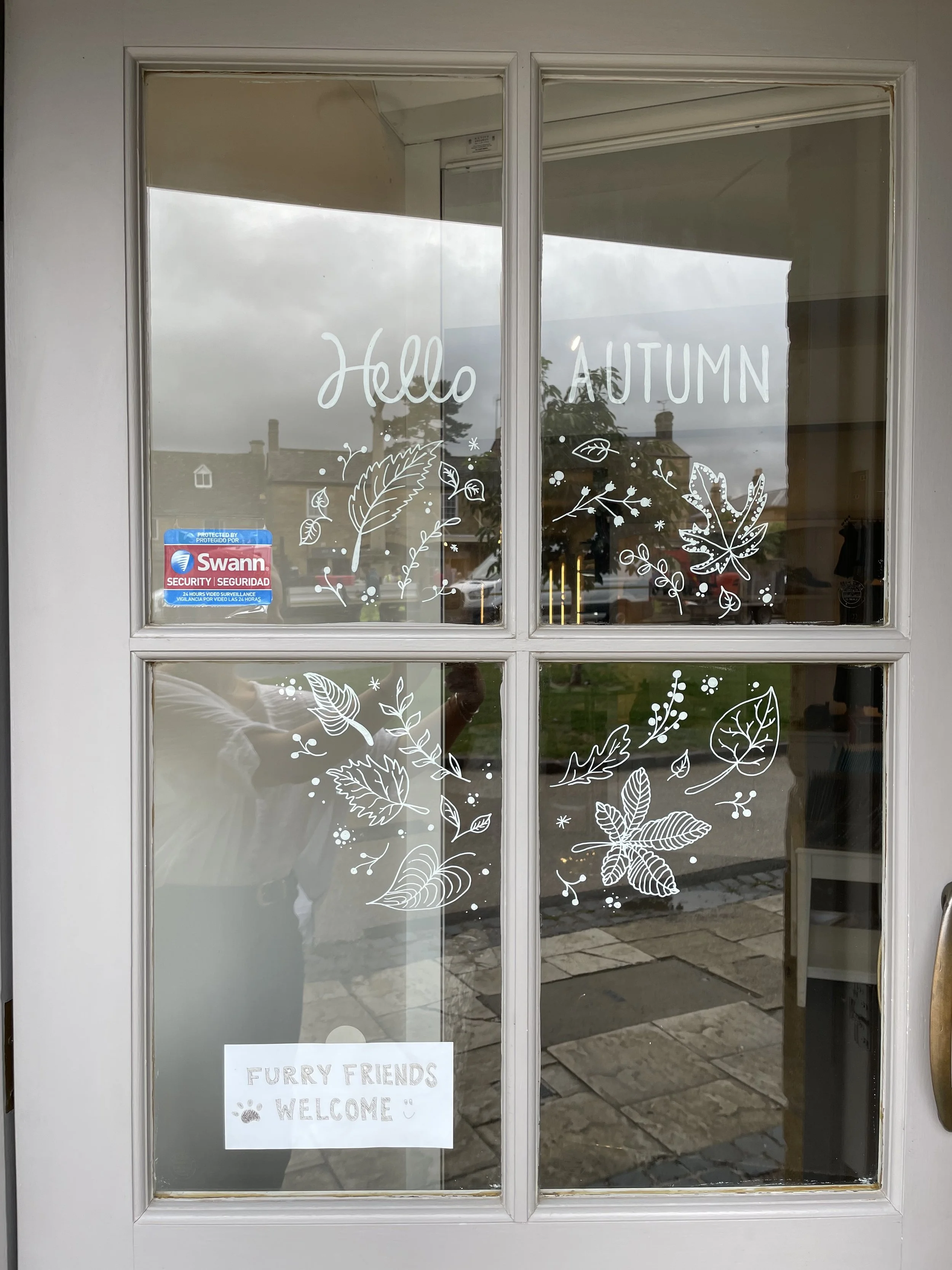A glass door with white autumn-themed leaf and plant illustrations, along with the words "Hello" and "Autumn" written on the glass. A sticker indicating security by Swann. A sign reading "Furry friends welcome" with paw print and smiley face.
