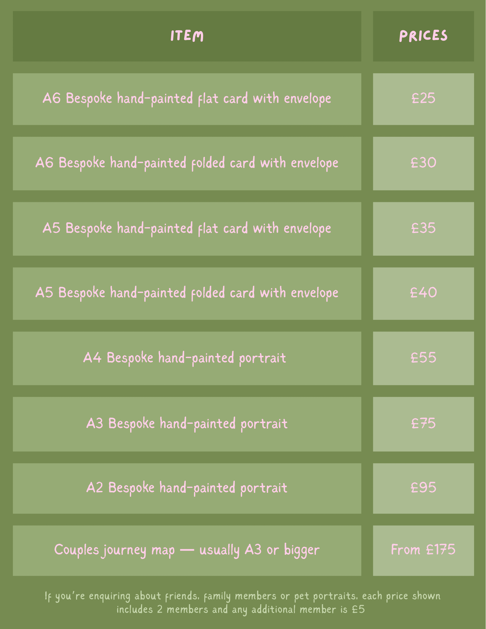 A price list for various bespoke hand-painted and folded cards, portraits, and a journey map, with prices in GBP.