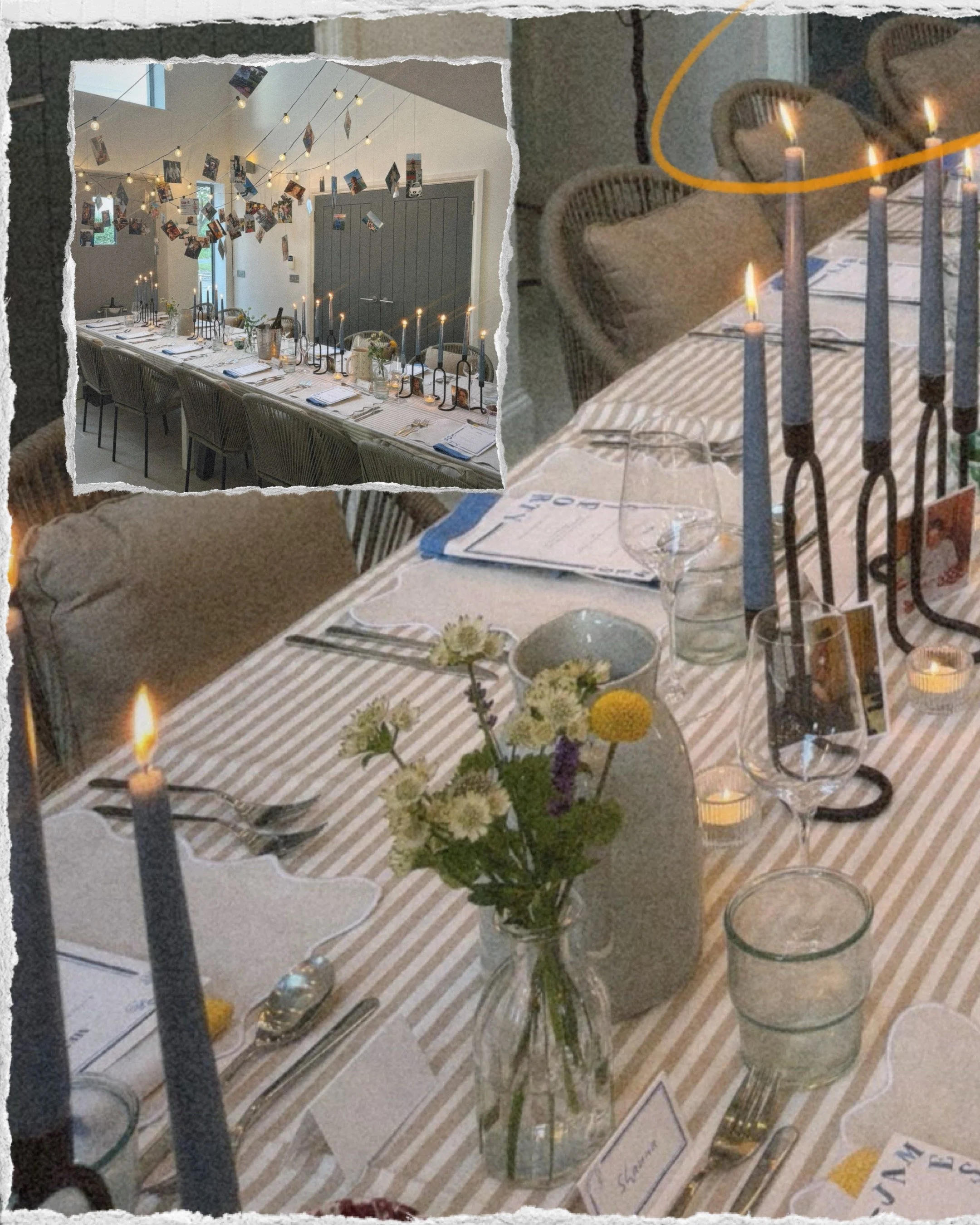 Decorated dining table with candles, flowers, and place settings in a cozy indoor setting, prepared for a gathering or celebration.