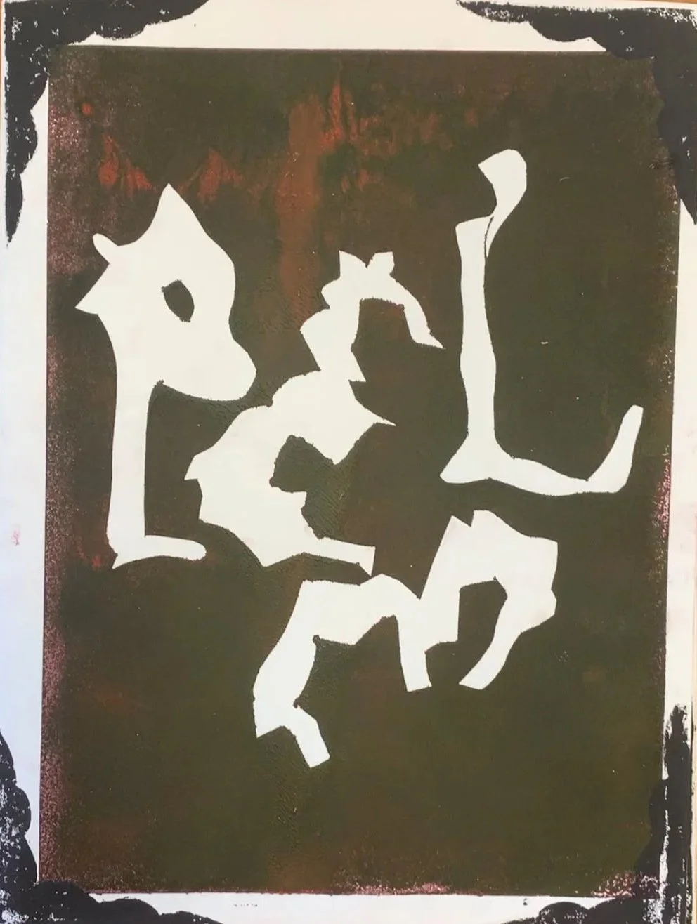 Abstract black and white painting with irregular shapes on a dark background.