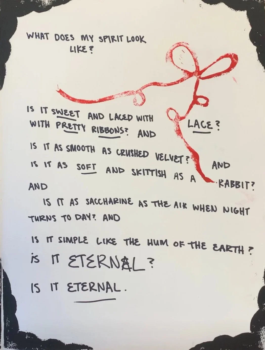 A handwritten poem with questions about the nature of a spirit, accompanied by a red ribbon illustration. The poem asks about sweetness, softness, and eternity, comparing the spirit to ribbons, velvet, a rabbit, and the air.