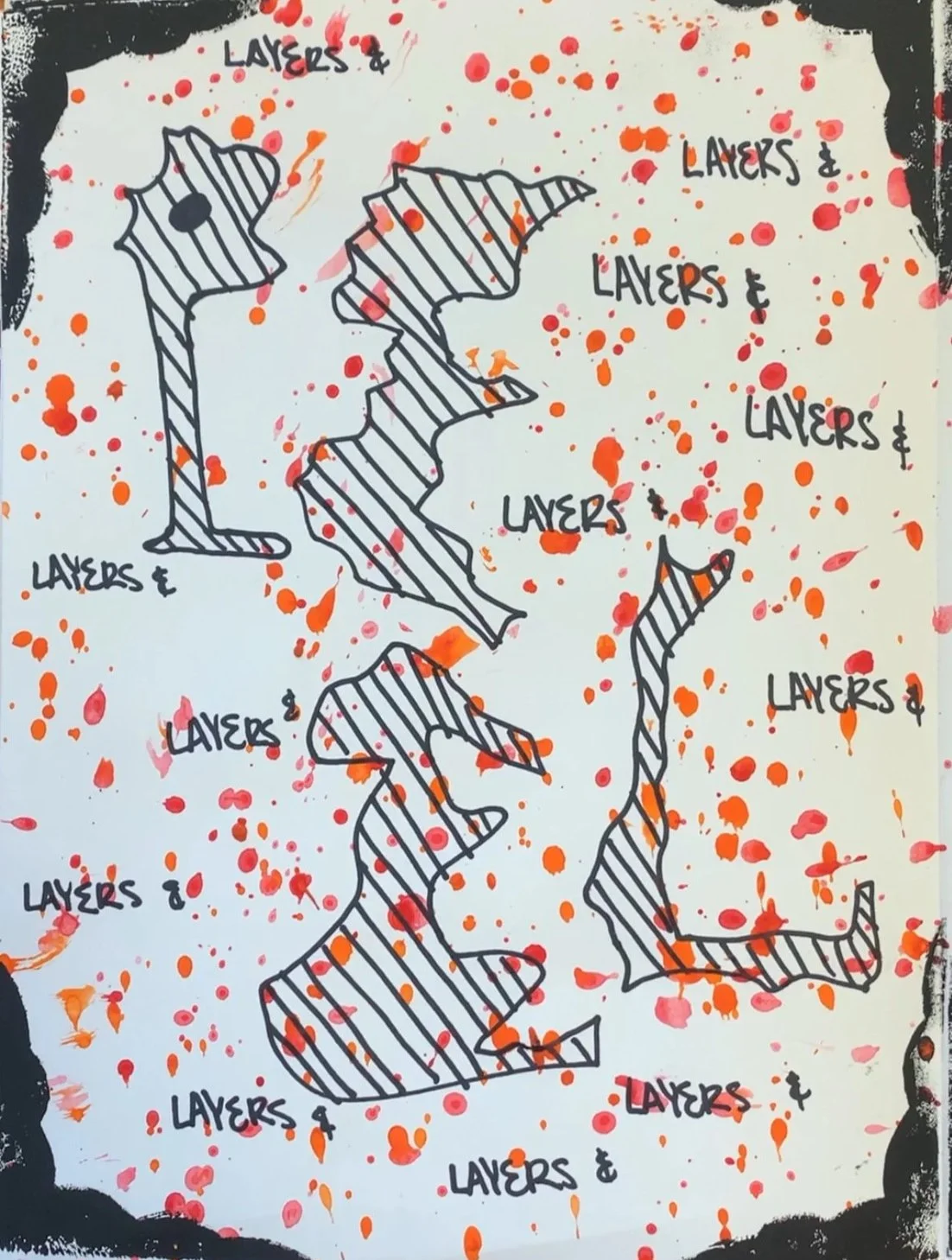 A graffiti-style map of Ireland and the surrounding islands with black outlines and the word "LAYERS" written multiple times in black across the map and background splattered with orange, pink, and red paint.